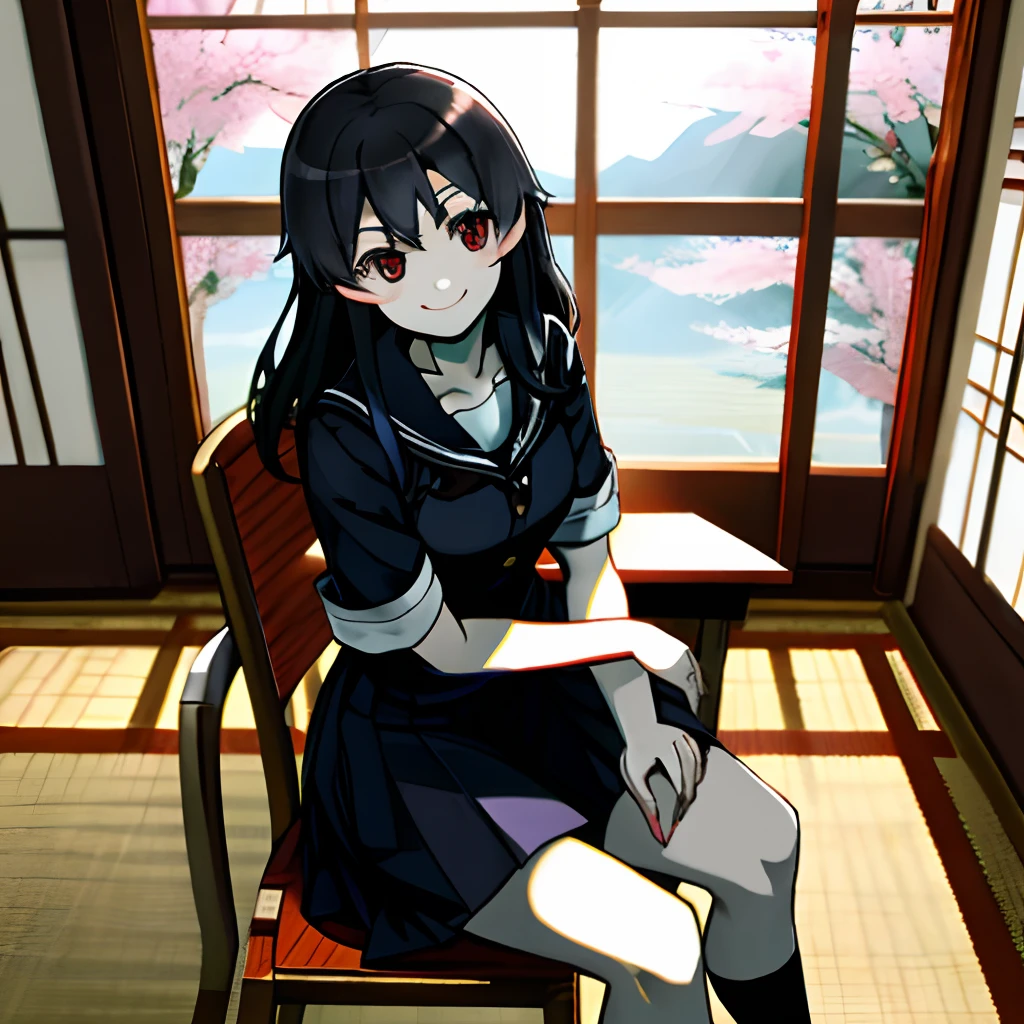 Mai Sakurajima, sitting in a chair in a room, pale light, smiling, wearing a school uniform
