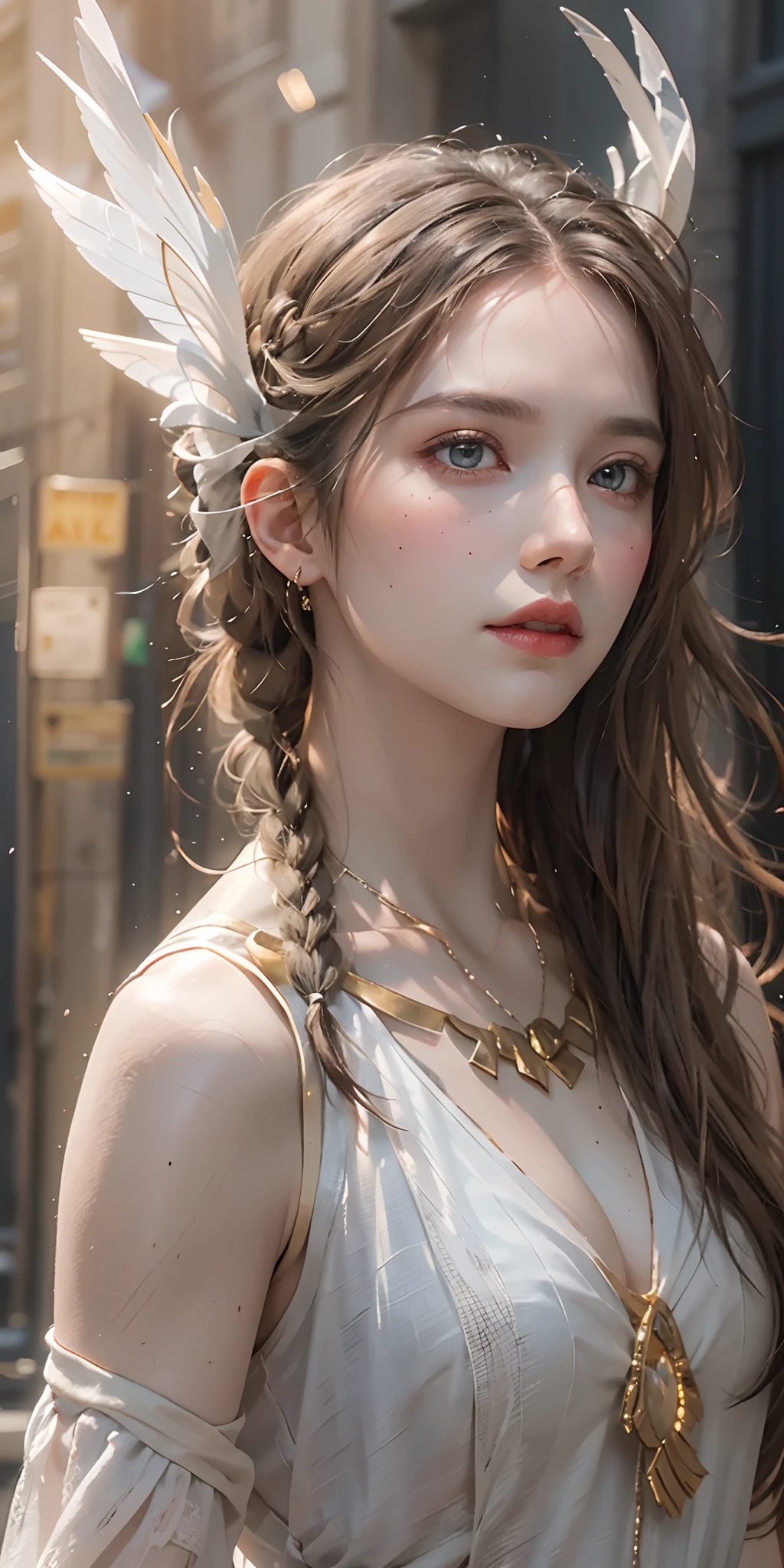 (masterpiece, best quality, photorealistic, highly detailed, octane render, unreal engine, 8k HD, hyper-detailed, realistic skin texture, best quality, ultra high res, raw photo, dramatic lighting, unreal engine, diffuse glow, dynamic pose), A female archangel with beautiful features would likely have striking, ethereal looks that would inspire awe and wonder in anyone who beheld her. She might have piercing blue or green eyes that seemed to glow with an inner light, framed by long lashes that brushed against her delicate cheekbones. Her skin might be porcelain pale, with a soft, rosy blush that highlighted her high cheekbones.

Her hair might be long and flowing, with strands of gold or silver that shimmered like starlight in the sun. It might be styled in intricate braids or loose waves that cascaded down her back, or perhaps pulled back into an elegant updo that showcased her graceful neck.

Her wings would be magnificent, with feathers as white as snow and shimmering with an otherworldly light. They might be large and imposing, giving her an aura of power and majesty, or perhaps delicate and intricate, reflecting her refined and elegant nature.

In short, a female archangel with beautiful features would be a vision of divine beauty, radiating grace, power, and wonder in all who beheld her