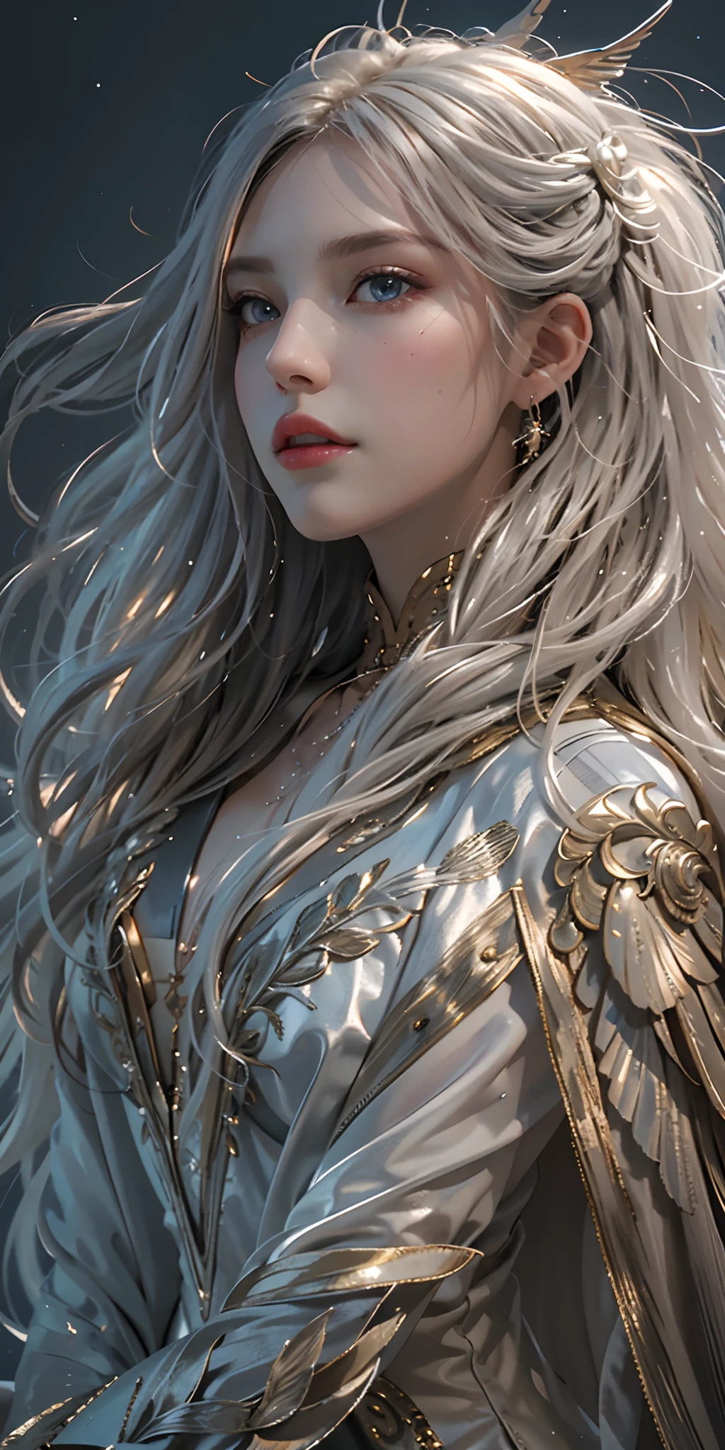 (masterpiece, best quality, photorealistic, highly detailed, octane render, unreal engine, 8k HD, hyper-detailed, realistic skin texture, best quality, ultra high res, raw photo, dramatic lighting, unreal engine, diffuse glow, dynamic pose), A female archangel with beautiful features would likely have striking, ethereal looks that would inspire awe and wonder in anyone who beheld her. She might have piercing blue or green eyes that seemed to glow with an inner light, framed by long lashes that brushed against her delicate cheekbones. Her skin might be porcelain pale, with a soft, rosy blush that highlighted her high cheekbones.

Her hair might be long and flowing, with strands of gold or silver that shimmered like starlight in the sun. It might be styled in intricate braids or loose waves that cascaded down her back, or perhaps pulled back into an elegant updo that showcased her graceful neck.

Her wings would be magnificent, with feathers as white as snow and shimmering with an otherworldly light. They might be large and imposing, giving her an aura of power and majesty, or perhaps delicate and intricate, reflecting her refined and elegant nature.

In short, a female archangel with beautiful features would be a vision of divine beauty, radiating grace, power, and wonder in all who beheld her