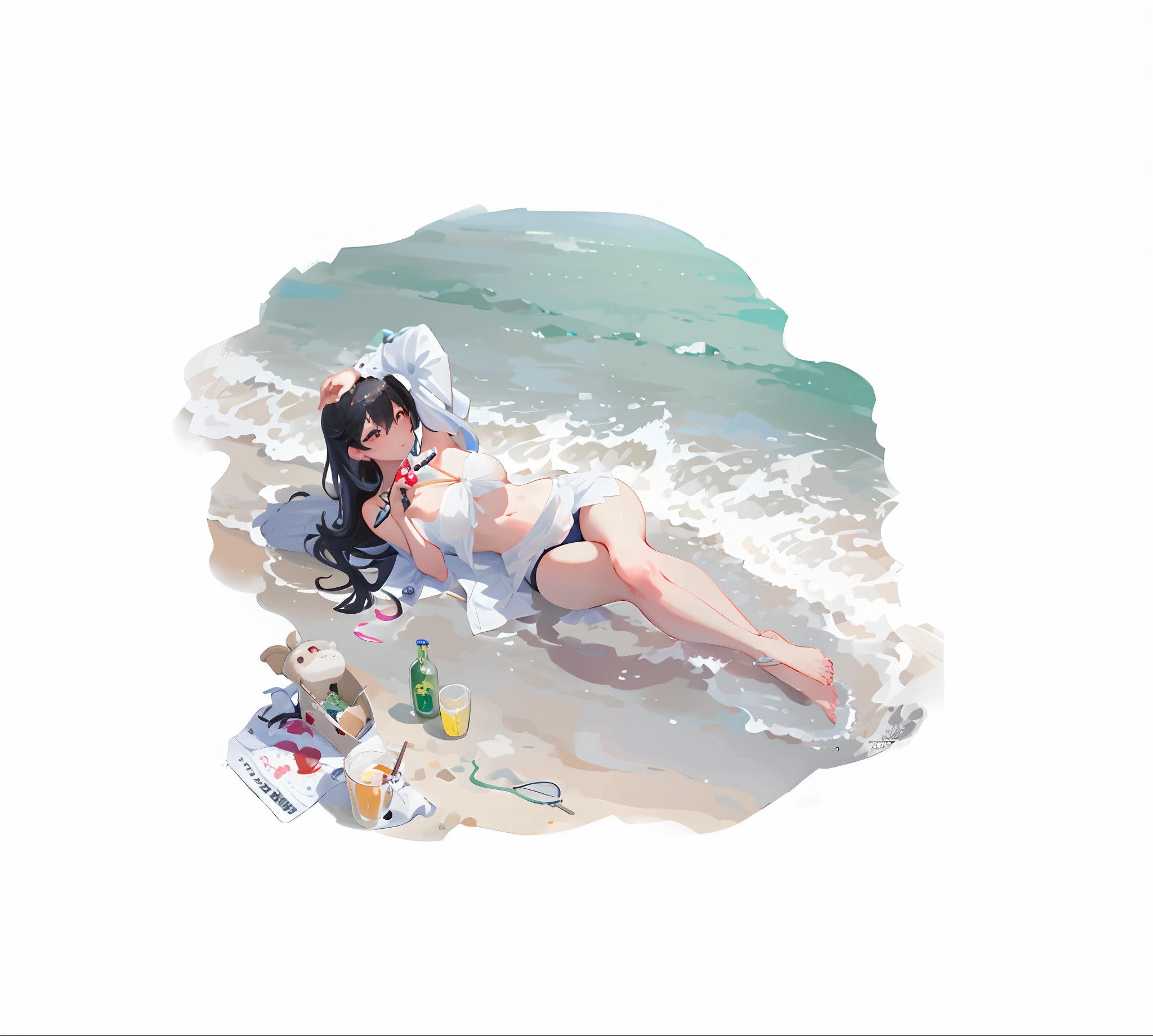 there is a woman that is laying down on the beach，Holding a bottle of beer in his hand, Guviz, guweiz masterpiece, Guviz-style artwork, in the beach, Guweiz in Pixiv ArtStation, in beach, Loli, Kantai collection style, On a beach, Guweiz on ArtStation Pixiv, Beach ultra detail，A high resolution，hyper-detailing，best qualtiy，astounding，top Quority，the Extremely Detailed CG Unity 8K Wallpapers，Background fill，swim wears，比基尼