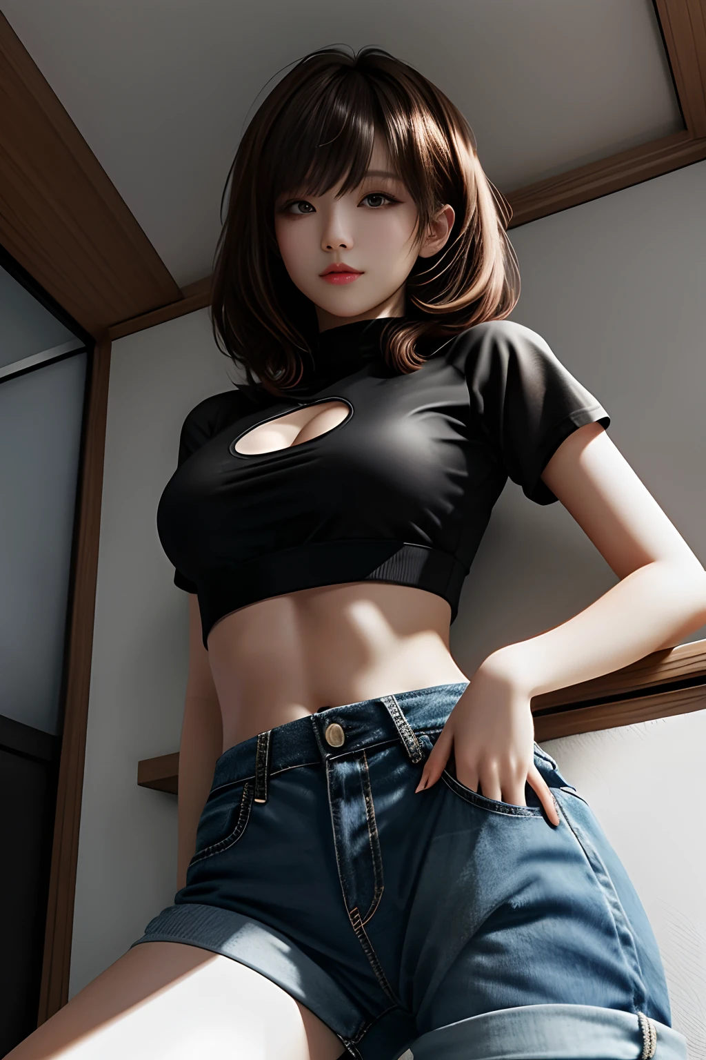 tmasterpiece, Best quality at best, 1girll, from below, underboobs, mediuml breasts, shorter pants, Crop tops, brunette color hair, 黑The eye,Japan Woman,Bottom-up perspective