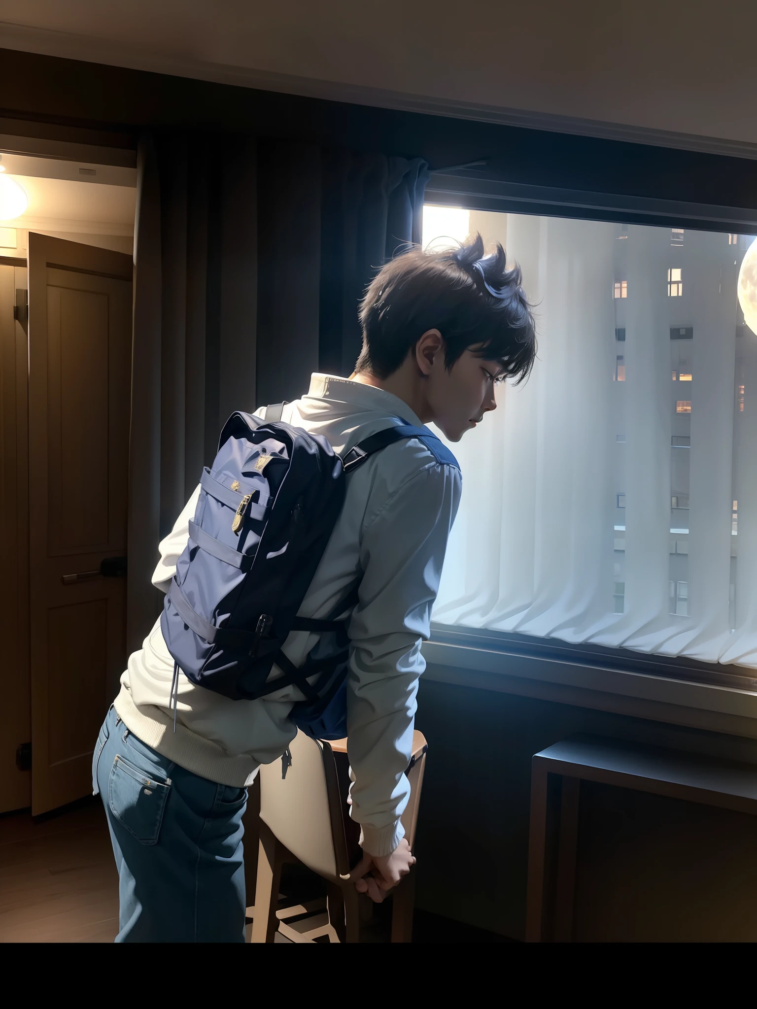 A ager turned his back to the bright moon,It looks hazy and atmospheric。