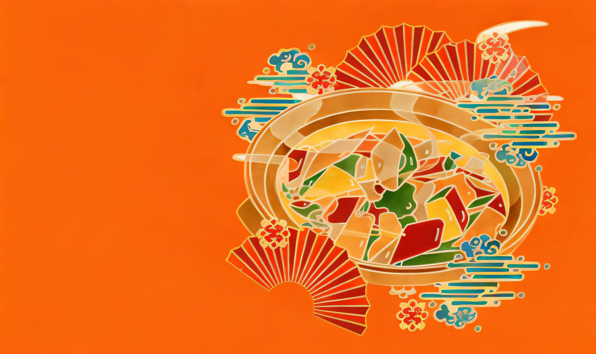 There is a picture of a colorful design on an orange background, traditional japanese colors, traditional chinese textures, Japanese style painting, komono, Official artwork, ehime, inspired by Shūbun Tenshō, author：Tan Yang Kano, author：Xiu Wen Tianzheng, Chinese traditional, made with illustrator
