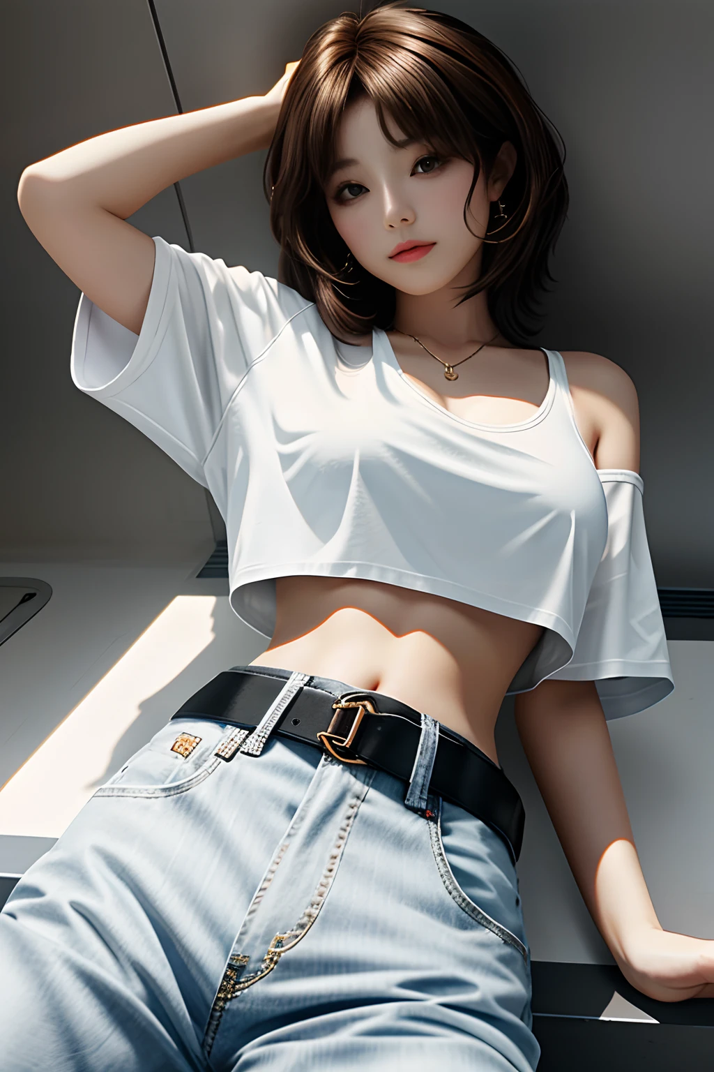 tmasterpiece， Best quality at best， 1girll， from below， underboobs， mediuml breasts， shorter pants， Crop tops， brunette color hair， 黑The eye，Japan  Woman，Bottom-up perspective