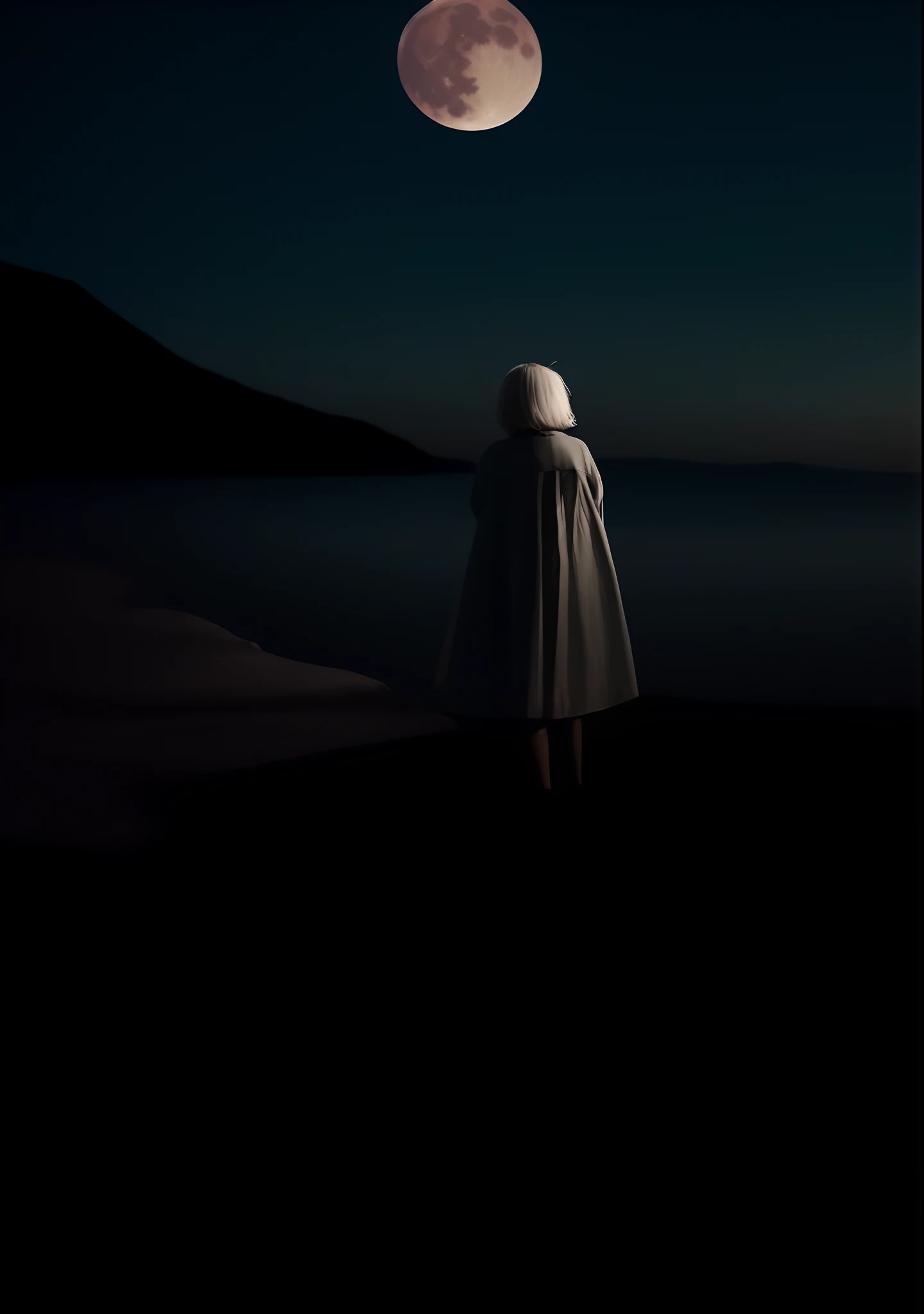 A girl under the red moon，White clothes and white hair，Need，masterpiece
