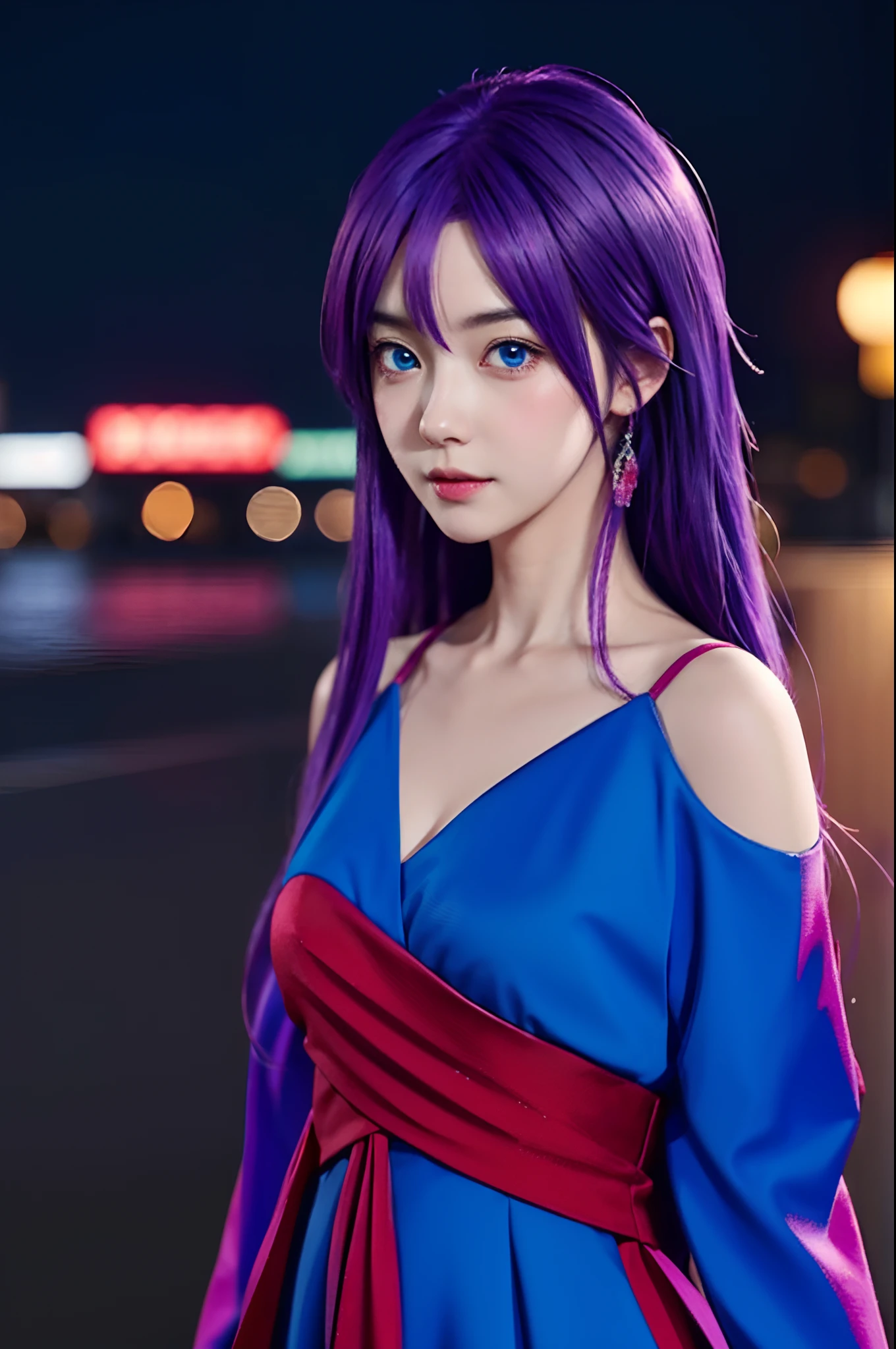Anime girl with purple hair and blue eyes in a red dress, style of anime4 K, Detailed digital anime art, Guviz, Guweiz in Pixiv ArtStation, Guviz-style artwork, Guweiz on ArtStation Pixiv, Digital anime illustration, Digital anime art, anime styled digital art, a beautiful anime portrait