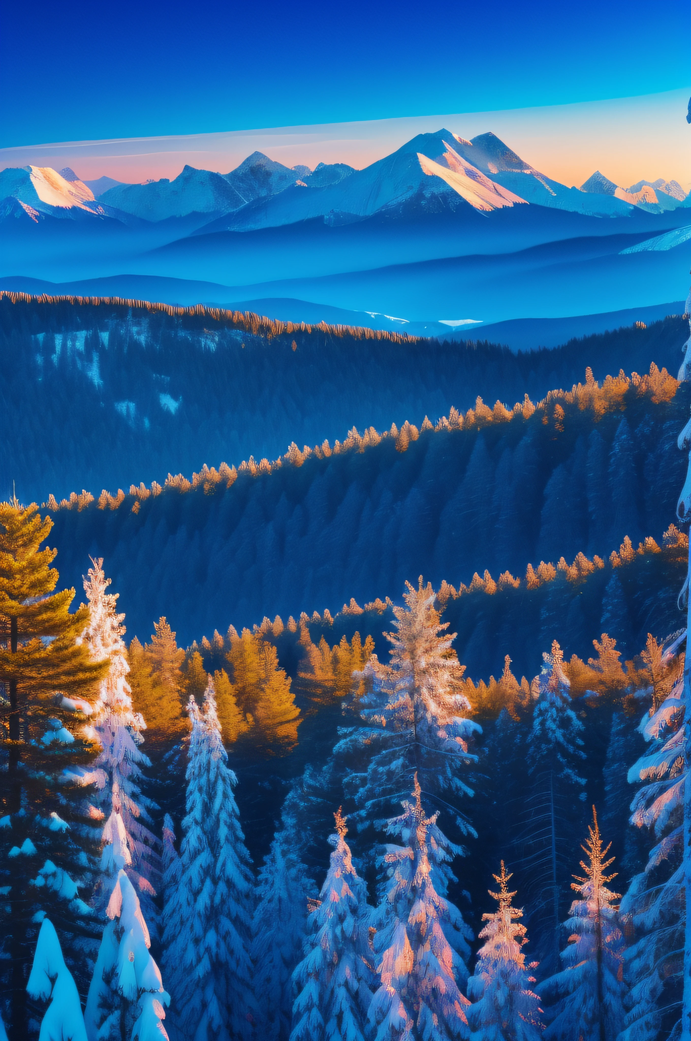 Wallpapers,8K,highly accurate,scenecy,snow mountains,Pine forest,in a panoramic view,full framing,Scenic beauty