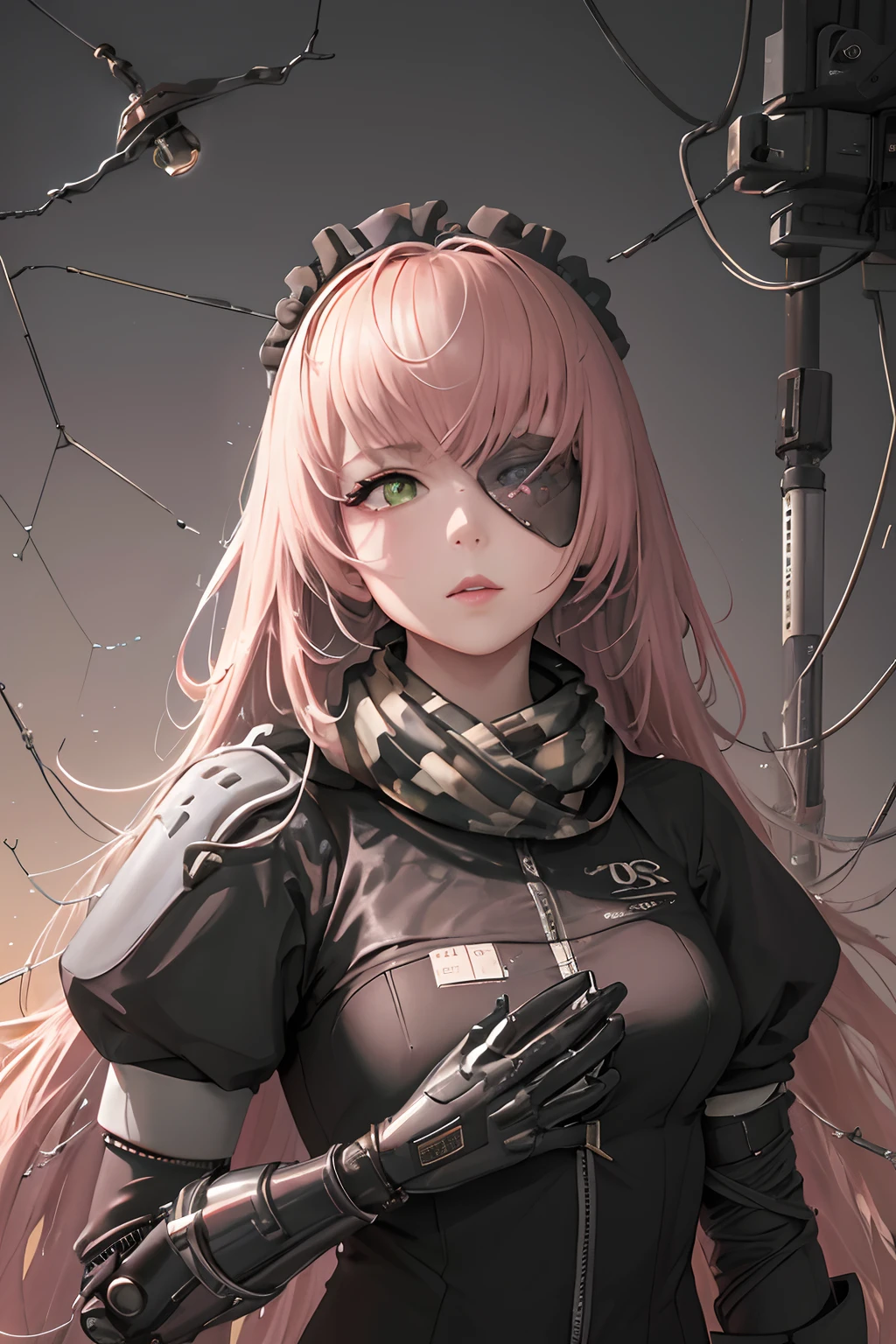 (obra-prima, qualidade superior, melhor qualidade, arte oficial, beautiful and aesthetic: 1.2), (1girl: 1.3), extremamente detalhado, colorido, mais detalhado ((ultra-detalhado)), (Highly detailed CG illustration), ((uma extremamente delicado e bonito)),(de lado),cinematiclight,((1Mechanical girl)),solo,corpo inteiro,(machine-made joints:1.2),((machanical limbs)),(Blood Vessels Attached to Tubes), (mechanical vertebra attached to the back),((mechanical cervial attached to the neck)),(sentado),no expression,(wires and cables attached to the neck:1.2),(wires and cables on the head:1.2)(foco no personagem),science fiction, fundo branco, (sangue: 1,5),Pixiv Obra-Prima, ((detalhes intrincados)), altamente detalhado, CZ2128_delta , 1girl, corpo inteiro,( olhos verdes:1.1), cabelos longos, cabelo rosa, tapa-olho