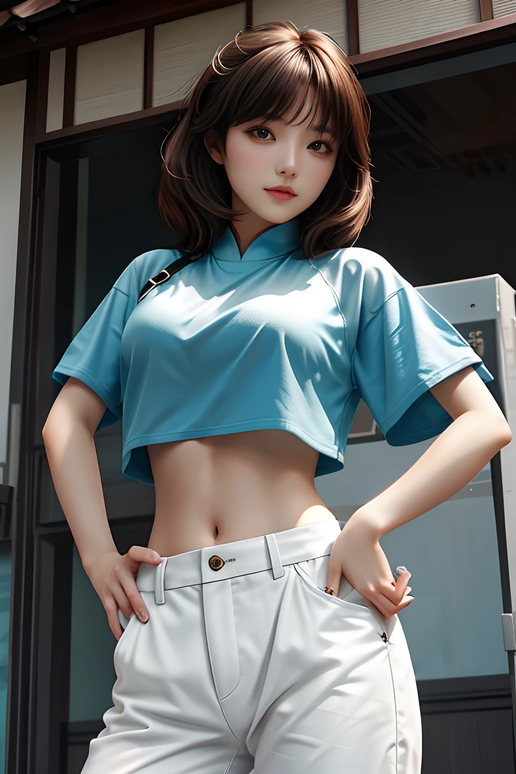 tmasterpiece, Best quality at best, 1girll, from below, underboobs, mediuml breasts, shorter pants, crop tops, brunette color hair, 黑The eye,Japan Woman,Bottom-up angle