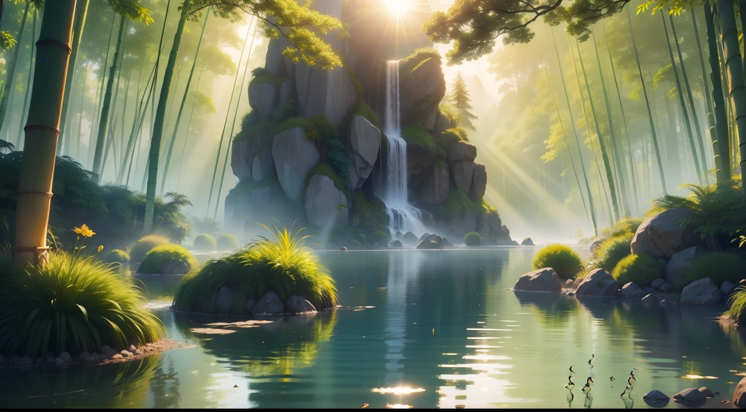 A beautiful morning with rising sun amazing sun rays lots of light perfect brightness forest tall bamboo trees a lake beautiful flowers 4k 8k carved gems a very beautiful paradise very beautiful realistic realistic South realistic incredibly wonderful environment conveys peace and gratitude joy ducklings on the lake