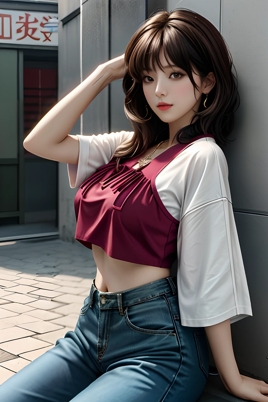 tmasterpiece, Best quality at best, 1girll, from below, underboobs, mediuml breasts, shorter pants, crop tops, brunette color hair, 黑The eye,Japan Woman,Bottom-up angle