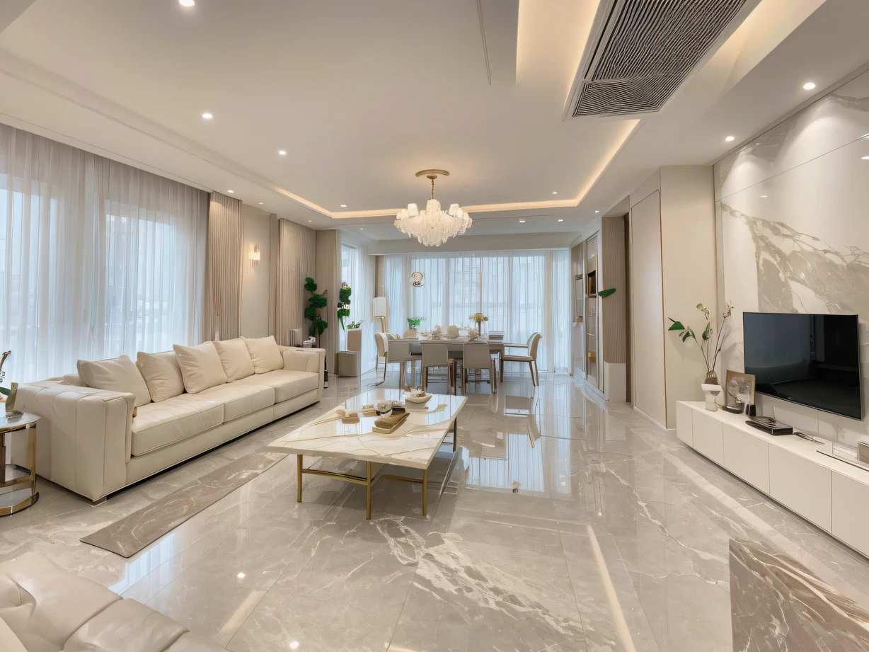 ,masterpiece, best quality,8k, ultra highres,Through transparent glass windows,The charming living room comes into view。Design full of modern artistic feeling,Delicate ornaments are embellished,Endless luxury。Top marble floors shine with light,The stylish sofa is comfortable and spacious,The supply is infinitely comfortable。The aroma comes to the nose,A private chef is cooking mouth-watering meals in the stovetop。Whether it's a banquet or a family gathering,This living room will be the perfect place for you to show your charm and enjoy life。