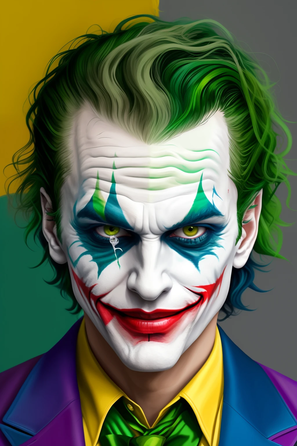 joker painting of a man with green hair and a yellow jacket, digital art by Nicholas Marsicano, reddit, digital art, portrait of joker, portrait of the joker, portrait of a joker, the joker, joker, from joker (2019), #1 digital painting of all time, # 1 digital painting of all time, film still of the joker