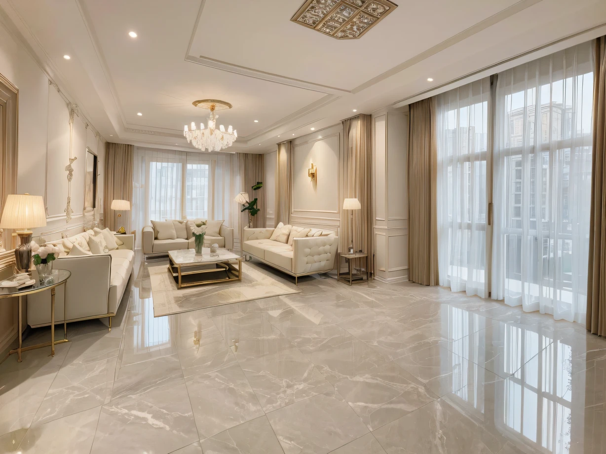 ,masterpiece, best quality,8k, ultra highres,Through transparent glass windows,The charming living room comes into view。Design full of modern artistic feeling,Delicate ornaments are embellished,Endless luxury。Top marble floors shine with light,The stylish sofa is comfortable and spacious,The supply is infinitely comfortable。The aroma comes to the nose,A private chef is cooking mouth-watering meals in the stovetop。Whether it's a banquet or a family gathering,This living room will be the perfect place for you to show your charm and enjoy life。