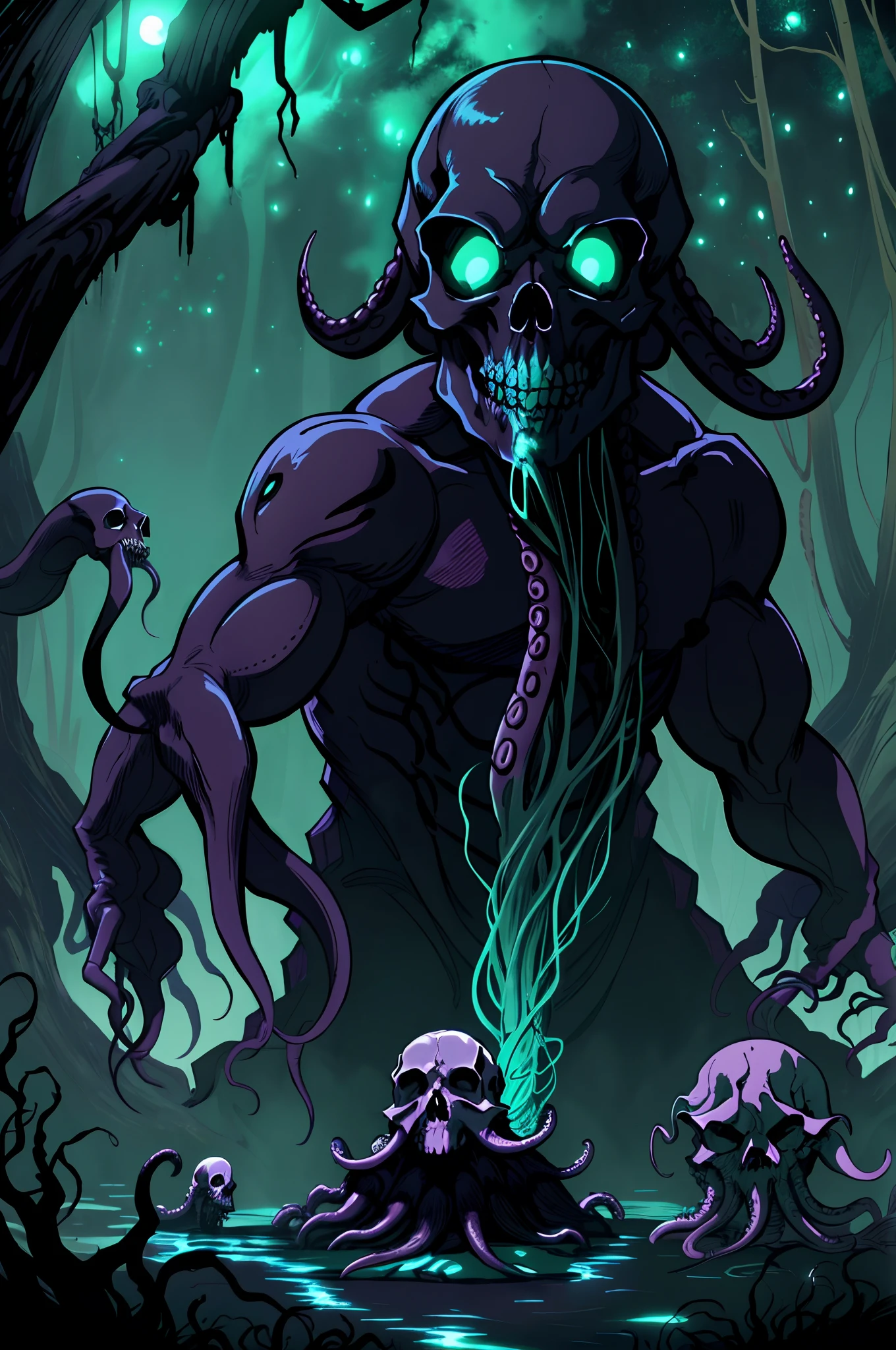 zrpgstyle, from_side from_below dark swamp eldritch monster (skull face:1.2) creature with (octopus tentacles:1.2) rising out of the water moss slime vines churning water fireflies midnight moonlight backlight (masterpiece:1.2) (best quality) (detailed) (intricate) (8k) (HDR) (wallpaper) (cinematic lighting) (sharp focus)