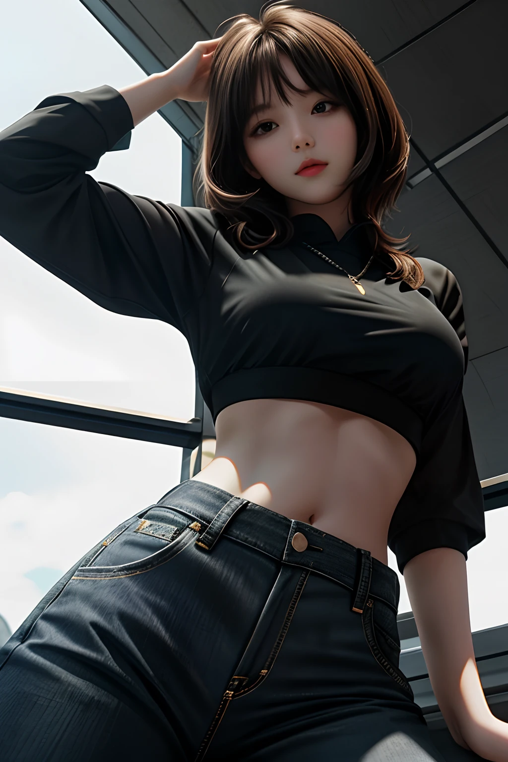 tmasterpiece, Best quality at best, 1girll, from below, underboobs, mediuml breasts, shorter pants, crop tops, brunette color hair, 黑The eye,Japan Woman,Bottom-up angle