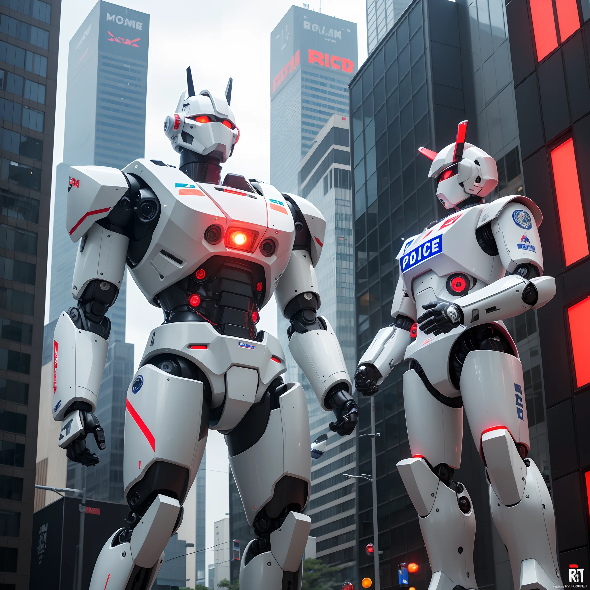 jpn、TOKYOcty、akihabara、Giant robot standing upright、Ingram of Patlabor、((A giant robot with a police motif))、((The body color of the robot is white and black))、((The word POLICE is printed on the body of the robot))、((Patlite parts are attached to the robot body))、((Red LED parts are attached to the robot body))、((Handgun in one hand))、Skyscraper District