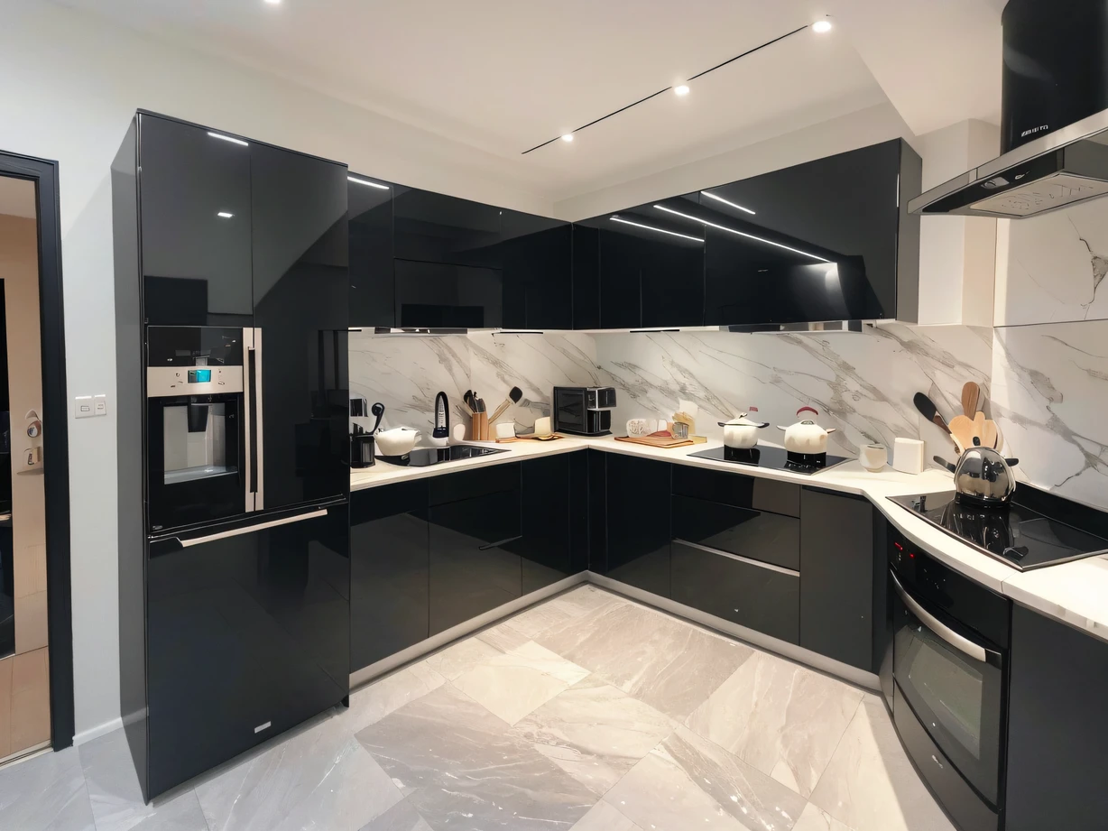 ,masterpiece, best quality,8k, ultra highres,Modern kitchen,Make cooking an art。Covered with glossy black marble countertops,Shimmering with a pearl-like light,Highlight nobility and fashion。Top kitchenware and smart devices,Make cooking easy and fun。The transparent refrigerator showcases a wide range of cuisines,It's like being in a fine candy store。Whether it's hosting a party or enjoying a meal alone,This kitchen will become a paradise for you to unleash your creativity and enjoy food。