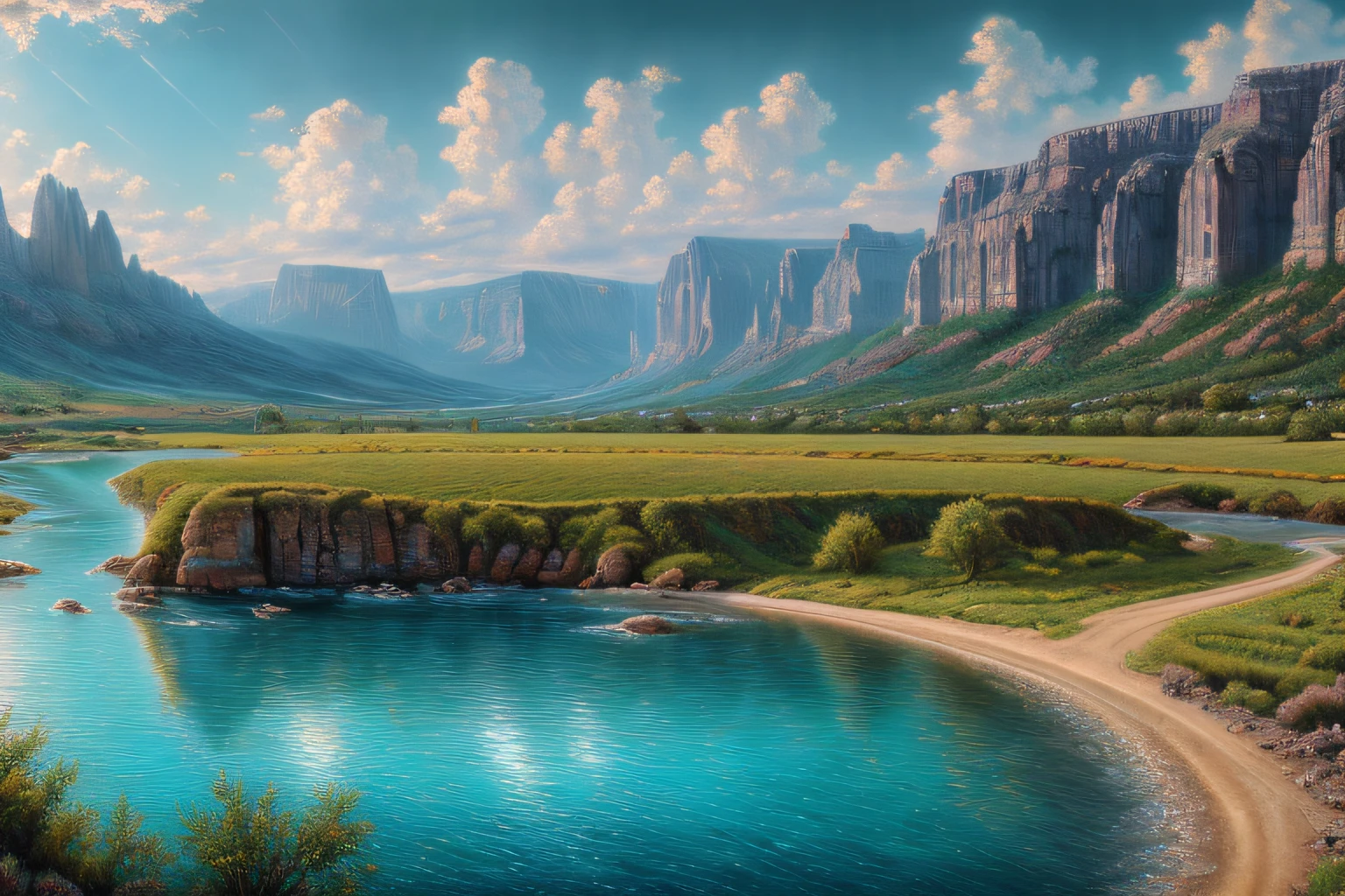 paysage, Eau cristalline (Highly detailed CG Unit 8k wallpaper), The most beautiful work of art in the world, Professional majestic oil painting, complexe, High detail, mise au point nette, dramatique, Art of photorealist painting,