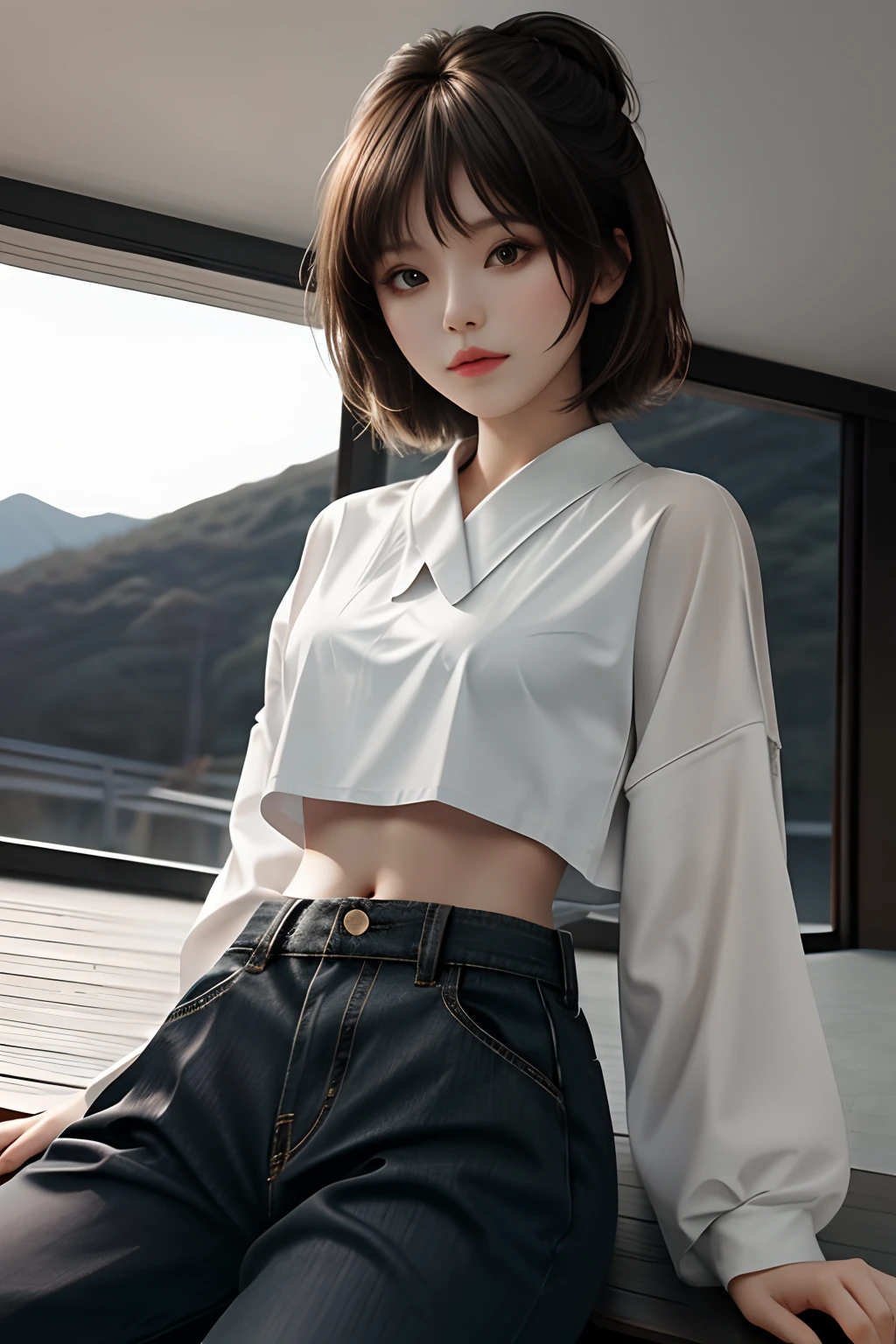 tmasterpiece, Best quality at best, 1girll, from below, underboobs, mediuml breasts, shorter pants, Crop tops, brunette color hair, 黑The eye,Japan Woman,Bottom-up perspective