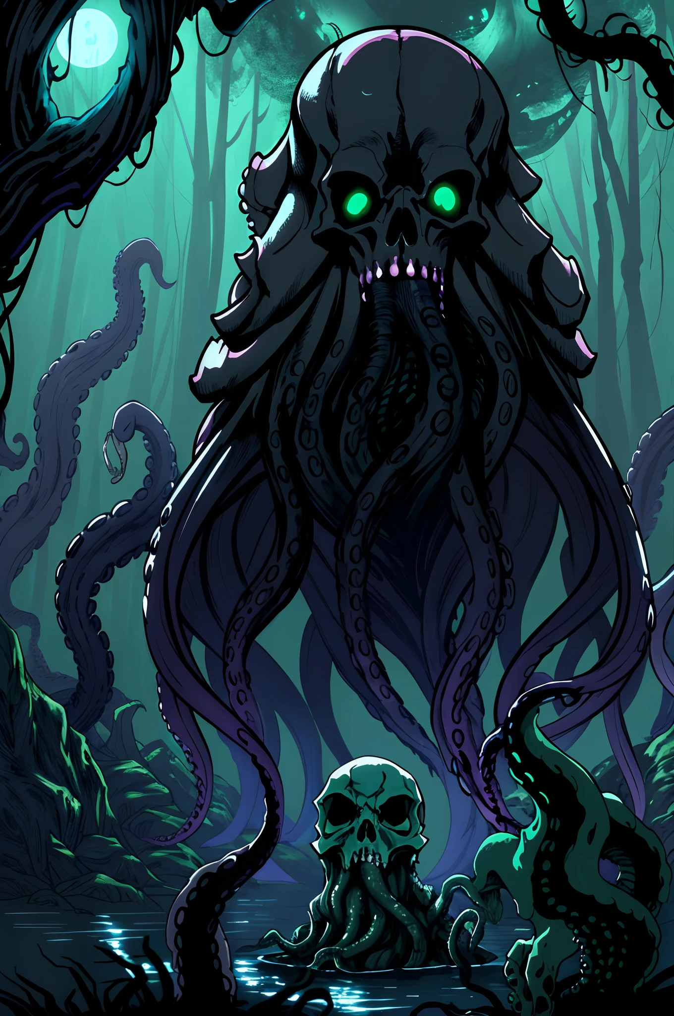 zrpgstyle, from_side from_below dark swamp eldritch monster (skull face:1.2) creature with (octopus tentacles:1.2) rising out of the water moss slime vines churning water fireflies midnight moonlight backlight (masterpiece:1.2) (best quality) (detailed) (intricate) (8k) (HDR) (wallpaper) (cinematic lighting) (sharp focus)