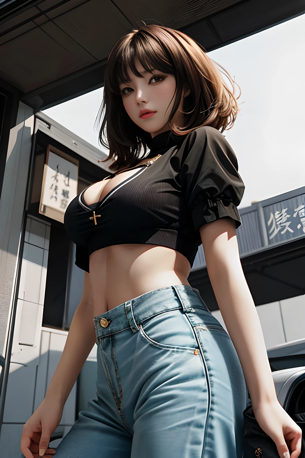 tmasterpiece， Best quality at best， 1girll， from below， underboobs， mediuml breasts， shorter pants， Crop tops， brunette color hair， 黑The eye，Japan  Woman，Bottom-up perspective