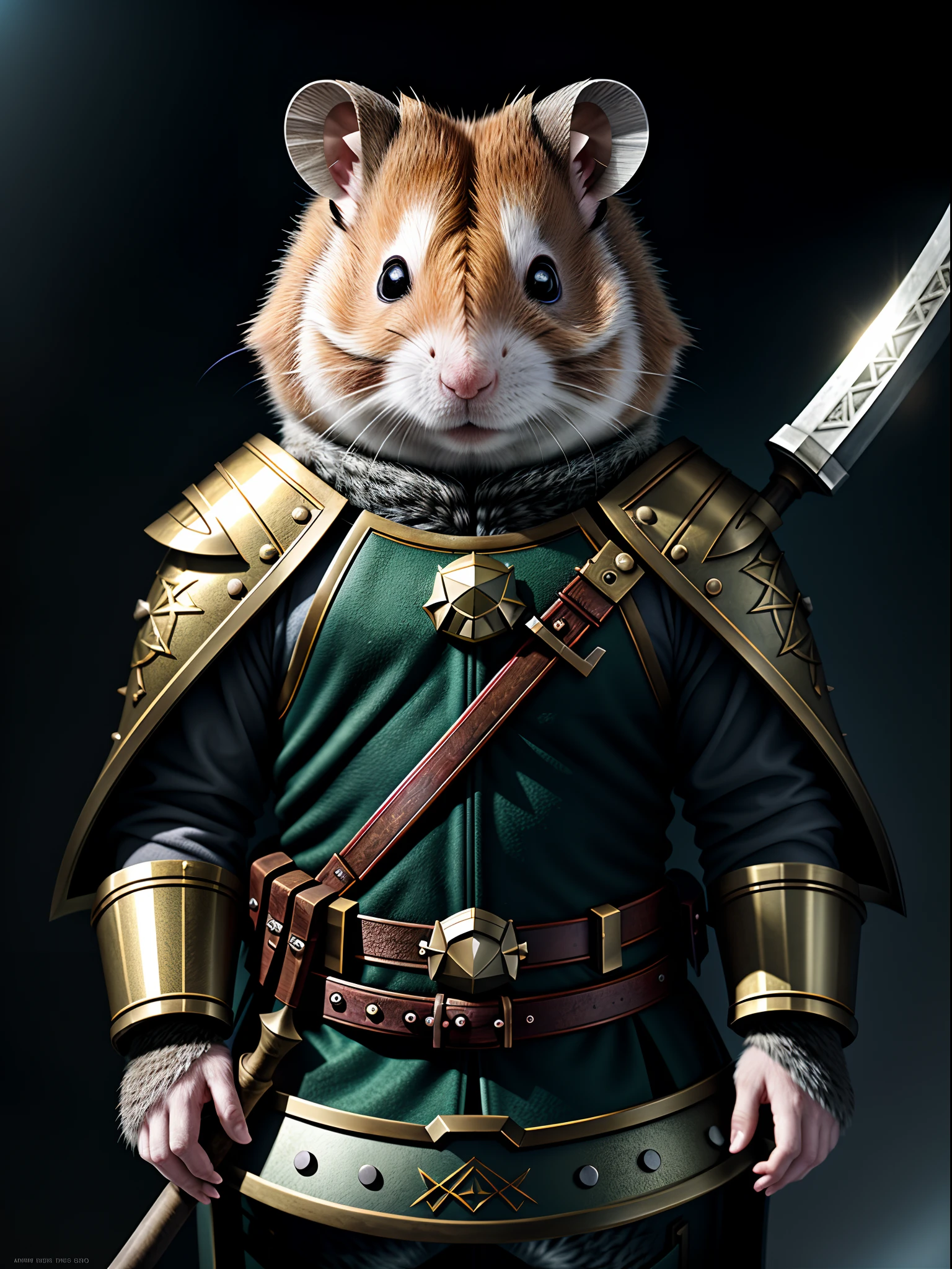 Close-up portrait of hamster in armor with an ax, Hamster Warrior, Hamster with helmet and ax and shield, Anthropomorphic hamster, Cute anthropomorphic hamster, wojtek fus, Fur armor, Fluffy, Wearing a hamster suit, hyperrealistic fantasy art, Wearing intricate fur armor、masterpiece, top-quality, in 8K , intricate detailes, ultra-detailliert , light Particle