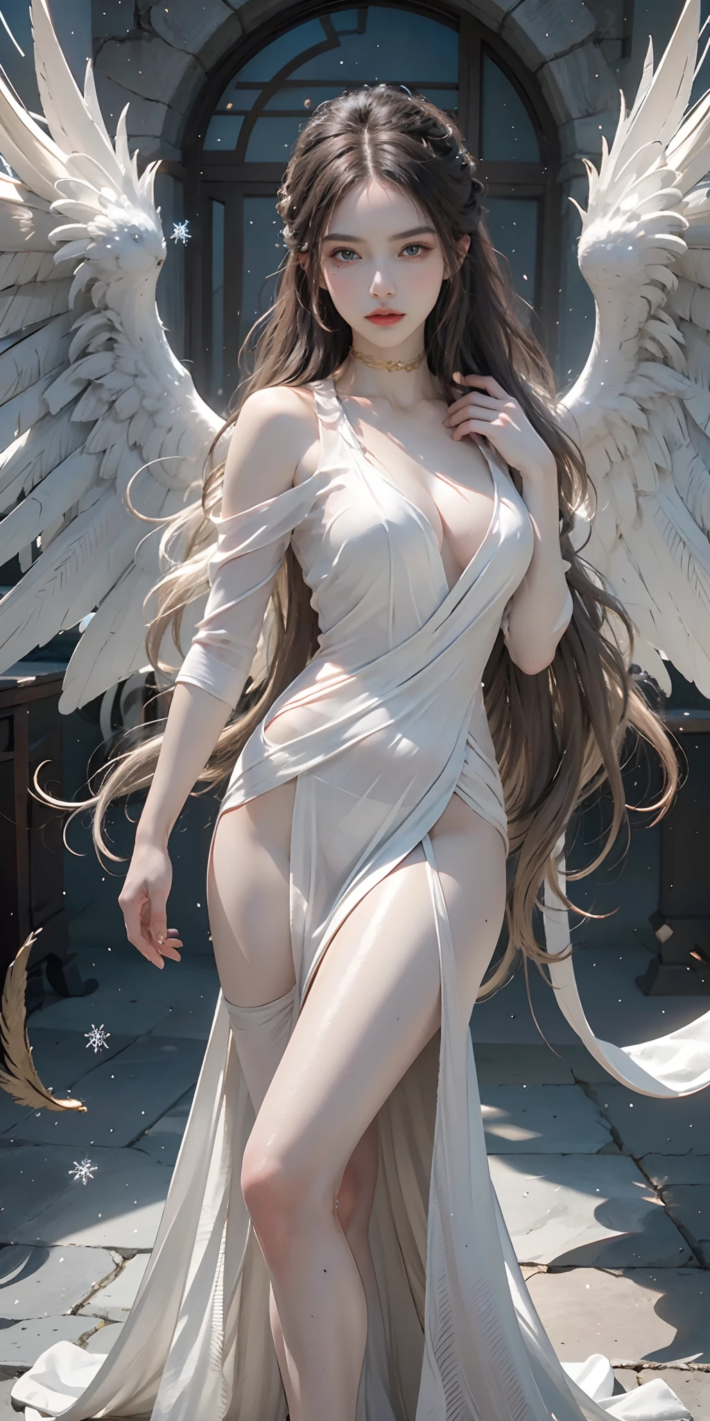 (masterpiece, best quality, photorealistic, highly detailed, octane render, unreal engine, 8k HD, hyper-detailed, realistic skin texture, best quality, ultra high res, raw photo, dramatic lighting, unreal engine, diffuse glow, dynamic pose), A female archangel with beautiful features would likely have striking, ethereal looks that would inspire awe and wonder in anyone who beheld her. She might have piercing blue or green eyes that seemed to glow with an inner light, framed by long lashes that brushed against her delicate cheekbones. Her skin might be porcelain pale, with a soft, rosy blush that highlighted her high cheekbones.
Her hair might be long and flowing, with strands of gold or silver that shimmered like starlight in the sun. It might be styled in intricate braids or loose waves that cascaded down her back, or perhaps pulled back into an elegant updo that showcased her graceful neck.
Her wings would be magnificent, with feathers as white as snow and shimmering with an otherworldly light. They might be large and imposing, giving her an aura of power and majesty, or perhaps delicate and intricate, reflecting her refined and elegant nature.
In short, a female archangel with beautiful features would be a vision of divine beauty, radiating grace, power, and wonder in all who beheld her