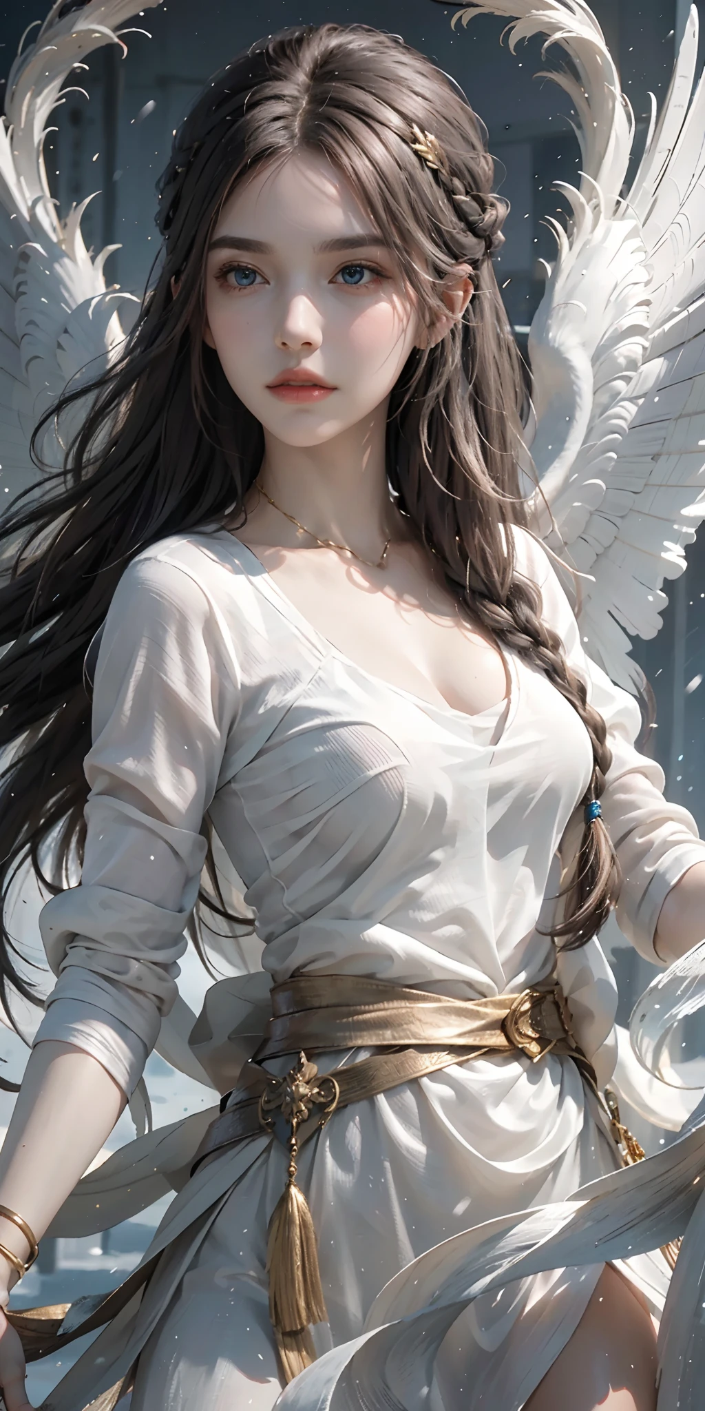 (masterpiece, best quality, photorealistic, highly detailed, octane render, unreal engine, 8k HD, hyper-detailed, realistic skin texture, best quality, ultra high res, raw photo, dramatic lighting, unreal engine, diffuse glow, dynamic pose), A female archangel with beautiful features would likely have striking, ethereal looks that would inspire awe and wonder in anyone who beheld her. She might have piercing blue or green eyes that seemed to glow with an inner light, framed by long lashes that brushed against her delicate cheekbones. Her skin might be porcelain pale, with a soft, rosy blush that highlighted her high cheekbones.
Her hair might be long and flowing, with strands of gold or silver that shimmered like starlight in the sun. It might be styled in intricate braids or loose waves that cascaded down her back, or perhaps pulled back into an elegant updo that showcased her graceful neck.
Her wings would be magnificent, with feathers as white as snow and shimmering with an otherworldly light. They might be large and imposing, giving her an aura of power and majesty, or perhaps delicate and intricate, reflecting her refined and elegant nature.
In short, a female archangel with beautiful features would be a vision of divine beauty, radiating grace, power, and wonder in all who beheld her