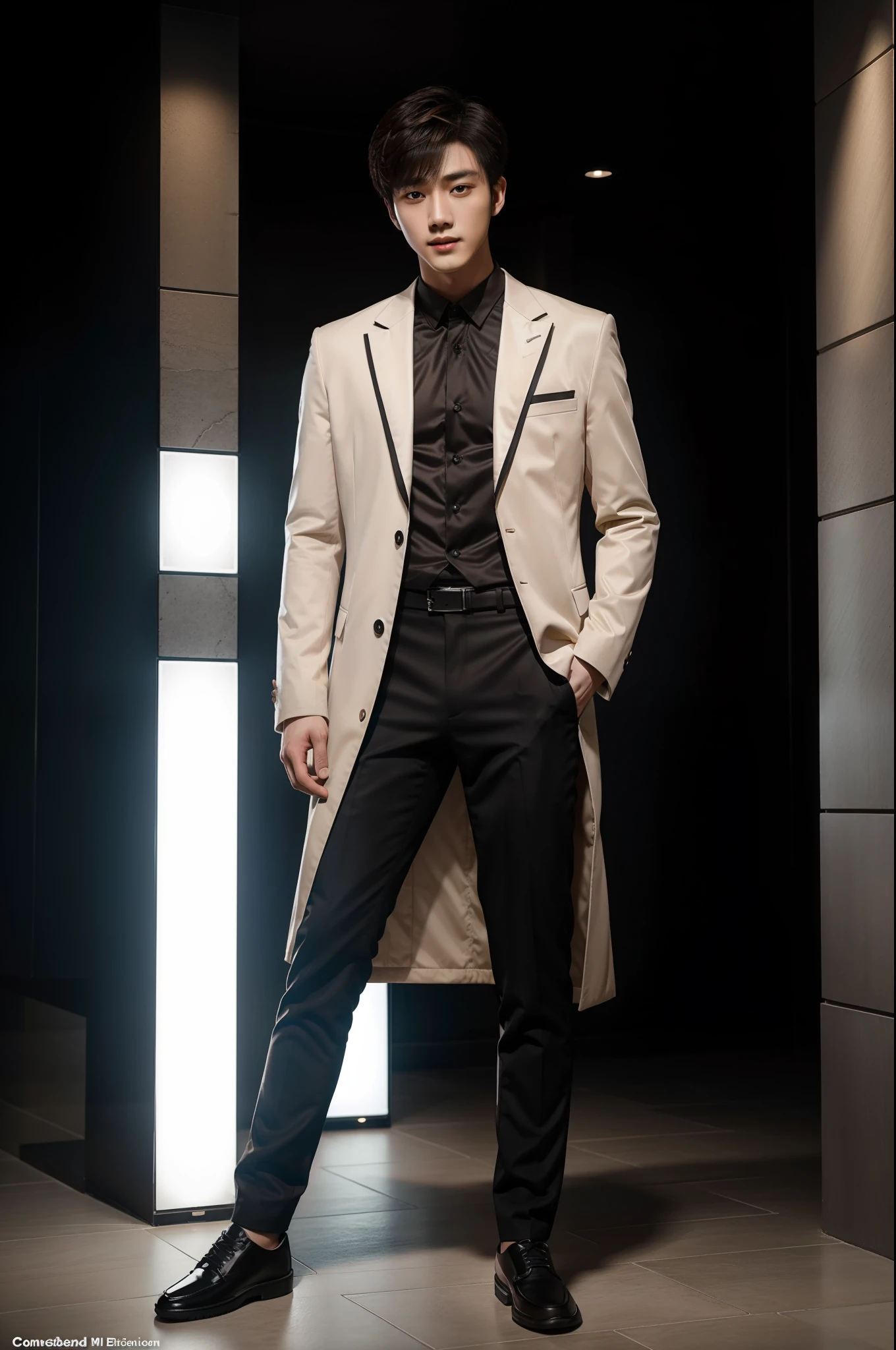 "Full body of Xiao Zhan performing showcasing his charismatic personality and captivating gaze, with perfect lighting and composition that brings out his unique features."