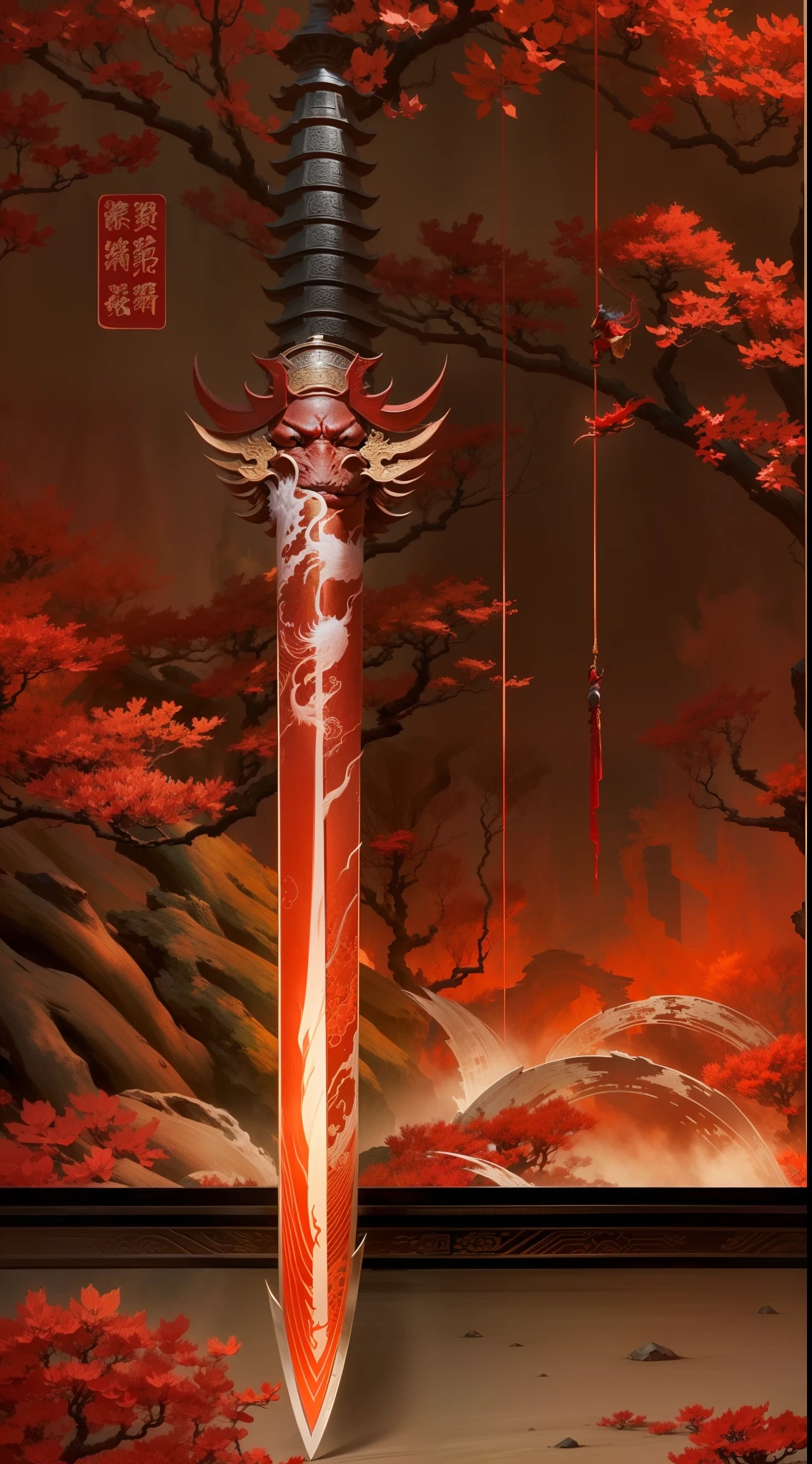 Wuxia style background image, Sword light and shadow, Cool red picture。