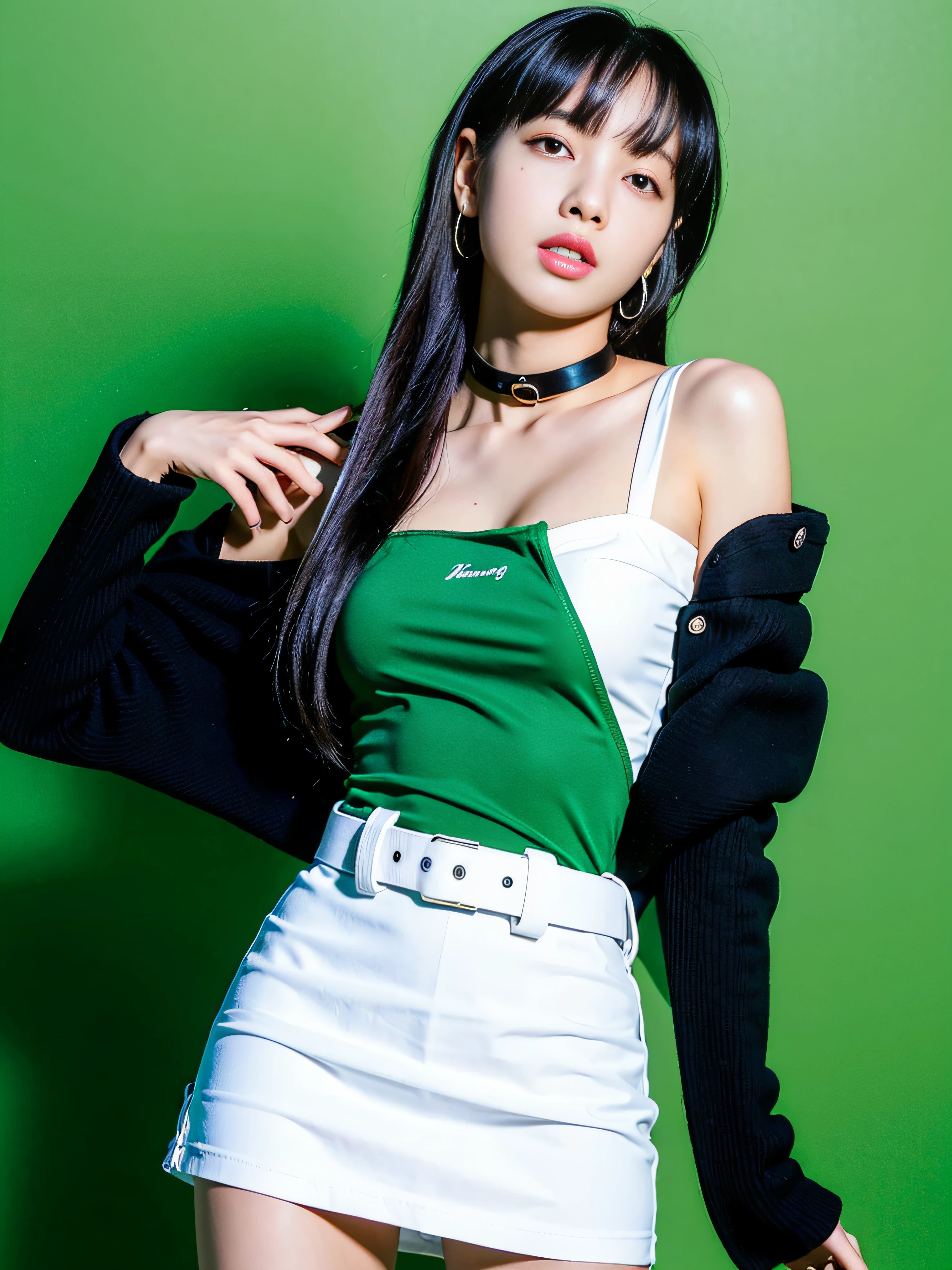 Lisa long hair, Lisa face shape, black suspender undershirt (long sleeves, bare shoulders, open waist), white miniskirt, belt at waist, light green high boots, sexy, open waist, long legs, rich details, masterpiece, superlative, realistic, HD, photographic lighting, 16k