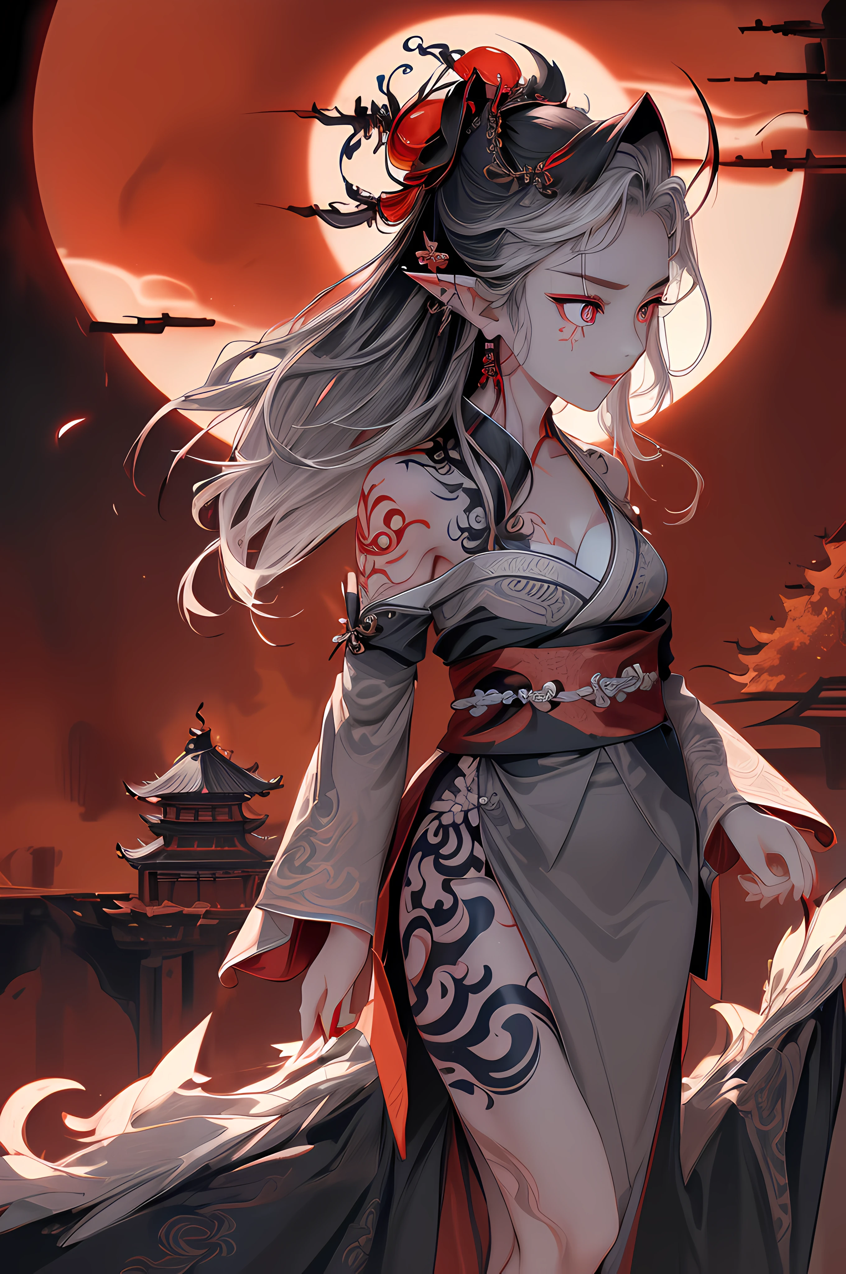 Masterpiece, top quality, Chinese fairy, 1 girl \ (loli \) and iris red dragon,((Chinese dragon glaring at girl)),Ultra detailed dragon:2,dark gray background,red moon,gorgeous cityscape in background, red moon:1,masterpiece, best quality, high quality,(dark shapeless creature with dark red glow and red eyes surrounded by darkness:1.2), (in profile), ( Darkness:1.2), Abstraction, Deep Water, Award-winning photography, Depth of field, HDR, Very detailed, Trending in art station, Trending in CGsociety, Complex, High Detail,(Masterpiece: 1.2, highest quality)(Best lighting, very delicate and beautiful)(Best lighting, very delicate and beautiful)(Beautiful detailed face)(Detailed eyes and detailed face:1.2), (Young girl, Little Beast, 1girl, Solo, Crazy smile, Pale skin, G-cup, cleavage, 19 piercings, ((tattoos all over body, tribal tattoos all over legs)) gray hair, glowing red eyes, dynamic angle, vampires), pointy_ears,(depth of field),high contrast,cowboy shot,full body, ((Chinese kimono with ultra-detailed embroidery)), Punk Costumes,