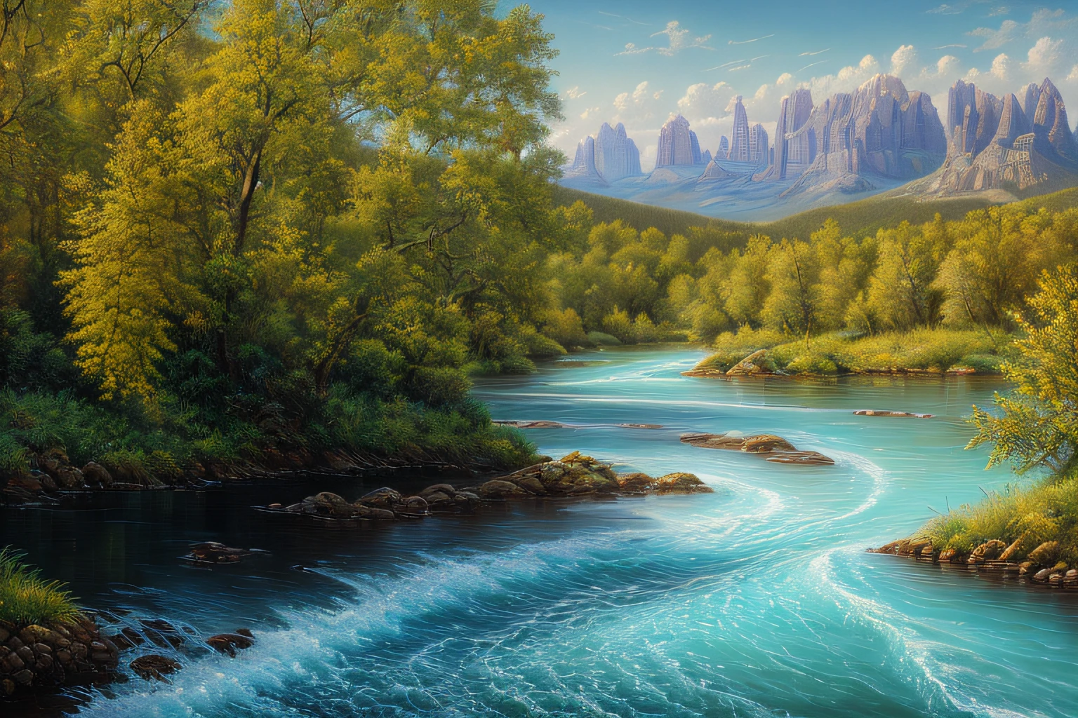 paysage, Eau cristalline (Highly detailed CG Unit 8k wallpaper), The most beautiful work of art in the world, Professional majestic oil painting, complexe, High detail, mise au point nette, dramatique, Art of photorealist painting,