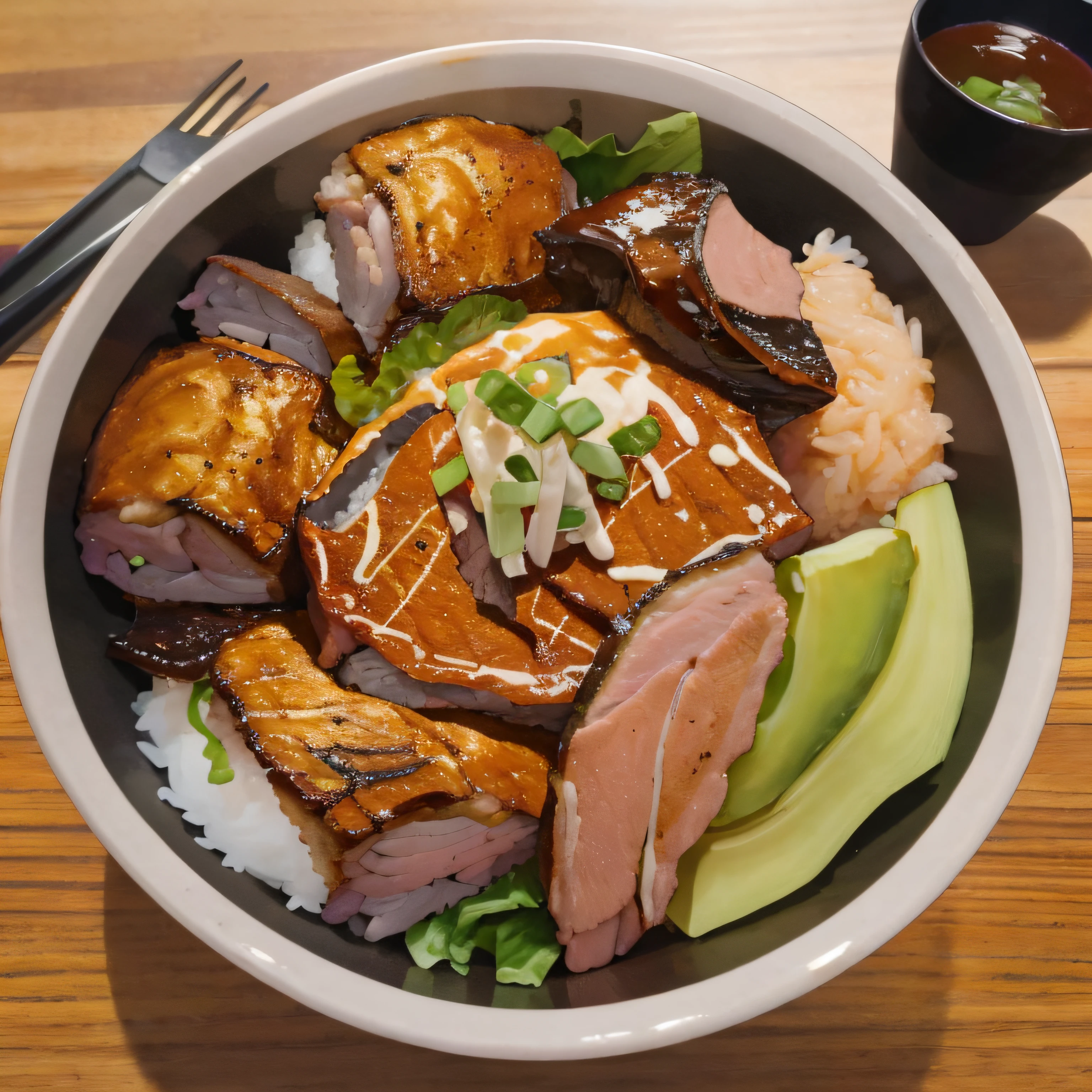 best quality, masterpiece, 1other, solo, japanese food, pork Donburi, simple background