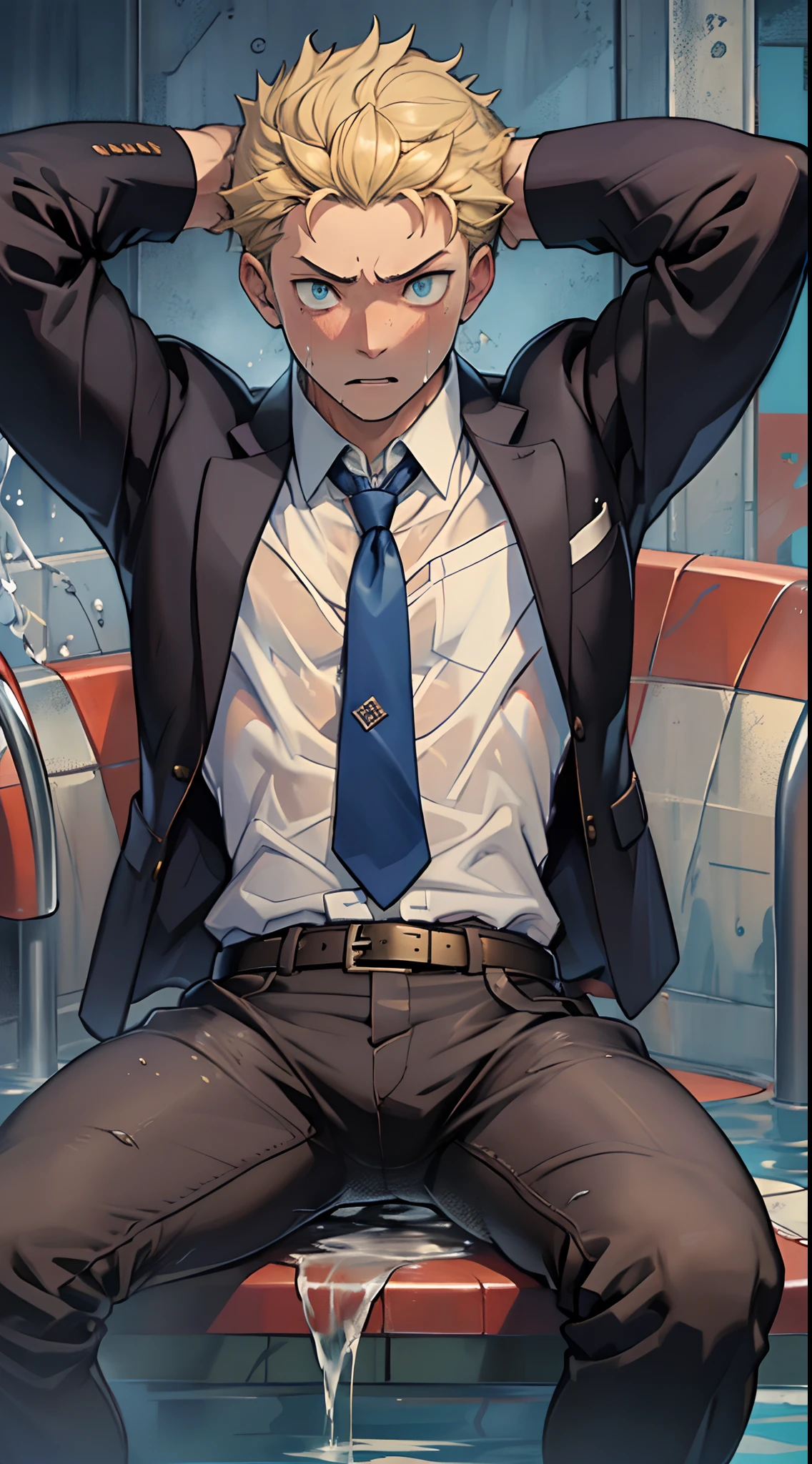 （1 Adult male），A high resolution， Sharp focus， Pixiv masterpiece， （（Complicated details））， highly  detailed， natsuki_subaru， 1 man，perfect male figure，Urine on the trouser leg， Nervously bow your head，is shy，embarressed，exhilarated，is shocked，panicking，worry，A pool of urine formed around him，Very eager to pee，Unbearable，Wet yourself，Urine discharge，full bodyesbian，sit astride，Tired，decadent， blue color eyes（eyes glowing）， Short yellow hair，white  shirt，Wear a tie，Wear a belt，trousers，perspire，Drenched，Get wet，pissing，urine flows down the pants，look from down