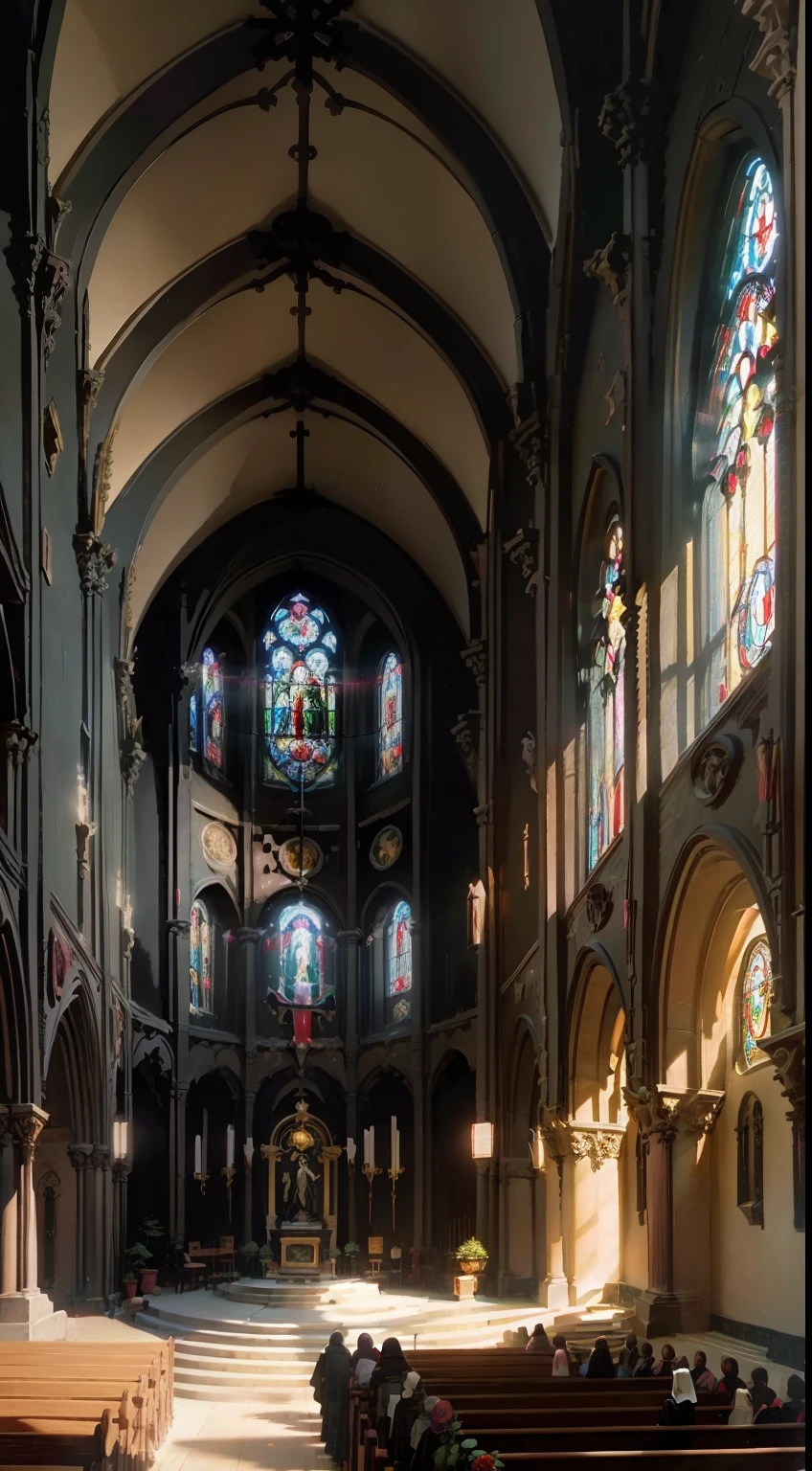 black hair, Kizi, lewd nun, Statue of Jesus, Interior view of the church, Colored rose window, llight rays, Back Shadow, interior architecture, Gothic art, chiaroscuro, god rays, 8k, super detail, high details, super detail, award winning