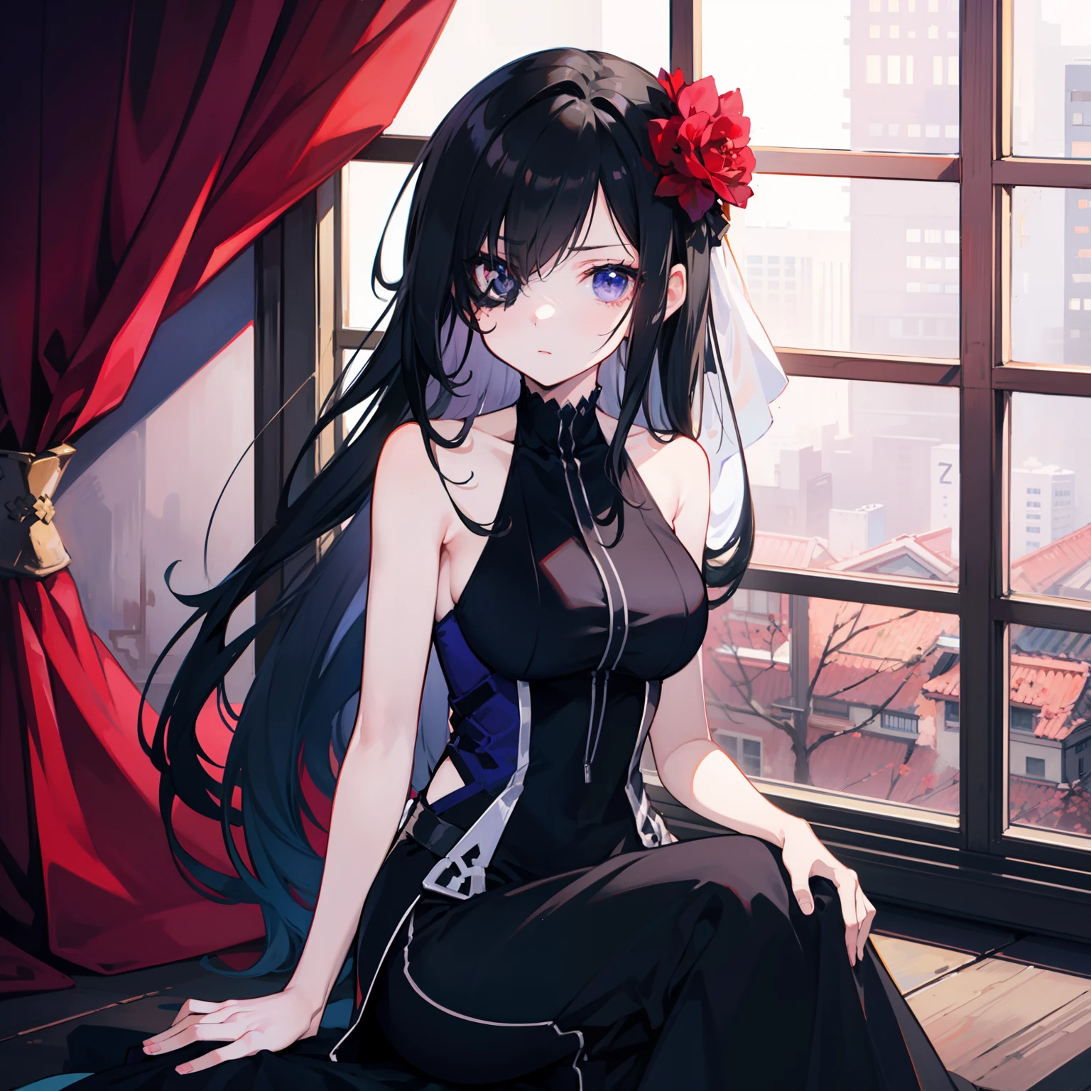 ((An anime girl)),sitting beside the window,Long black hair with head flowers,黑The eye,Light purple long dress