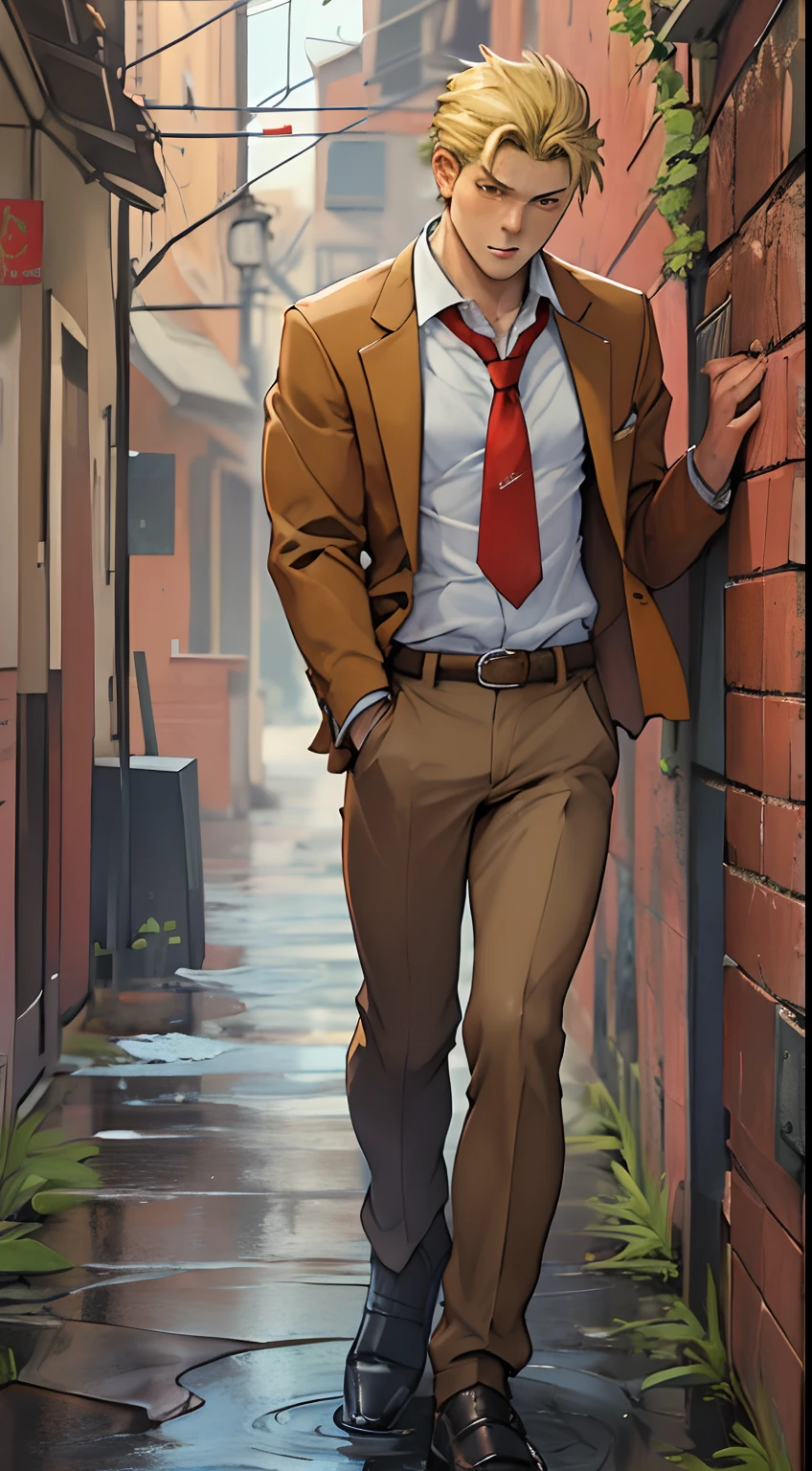 A3R1, Hector Fey ，Look more at the upper body，Pants view，legs separated，A3R1,pissing，Pee yourself，His own urine ran down his thighs，perfect male figure， Aerith Gainsborough ,Put your hands in your trouser pockets，Pee from his legs，yellow eyes，Surrounded by other people， Stand in a very dirty medieval castle，and the sun was shining brightly，Wear a tie，wearing leather belt，Long Sleeve White Shirt，（The shirt is soaked），Short yellow hair，perspire，Black suit trousers，dress shoes，Nervously bow your head，is shy，embarressed，Defeat，is shocked，panicking，worry，exteriors，On dry ground， A small puddle of his own urine formed around his feet，Very eager to pee，Wet yourself，Urine discharge，high detal，hentail realism，ultra-realistic realism，three sided view， A masterpiece of careful planning，A high resolution， hyper HD ，anatomy correct，super detailing，best qualtiy，A high resolution，8K