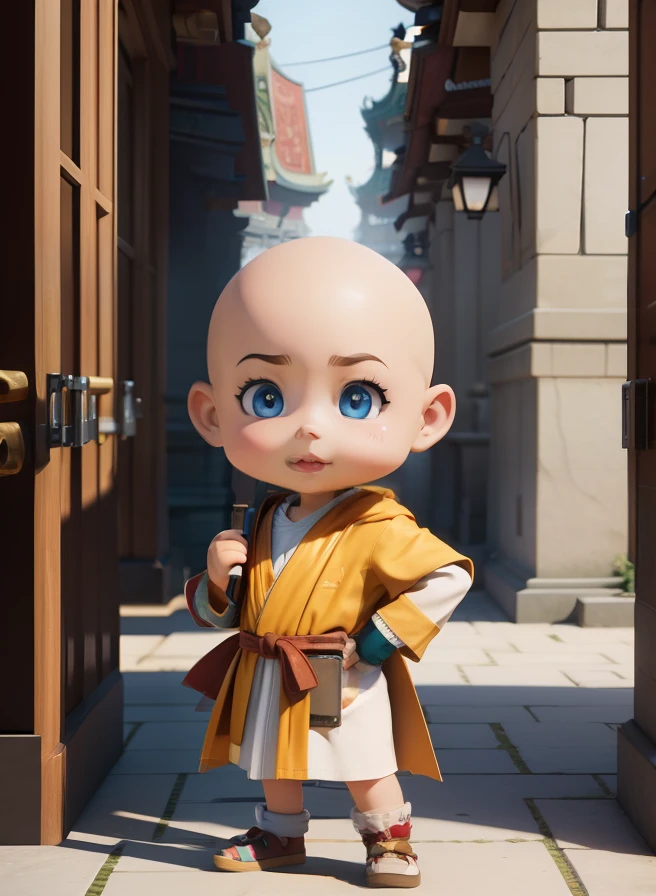 A bald cartoon character in a robe standing in a temple, Personagem pequeno. Unreal Engine 5, 3 D rendering character art 8 K, fantasy style 8 k octane render, Rendered in 8K Unreal Engine, Render in Unreal Engine 5, animation style render, 8K portrait rendering, Realistic anime 3 D style, cute 3 d render, Anime style. 8K