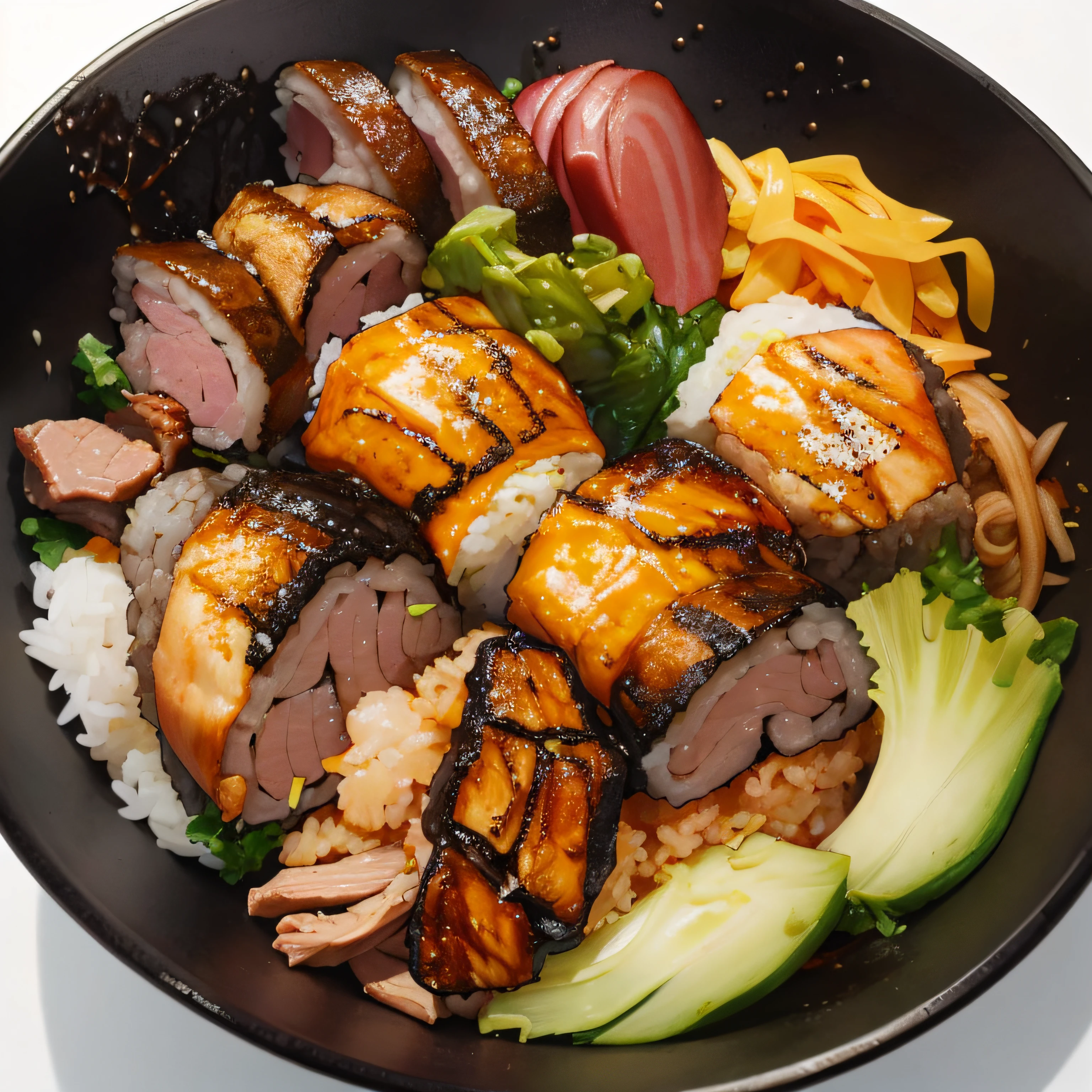 best quality, masterpiece, 1other, solo, japanese food, pork Donburi, simple background