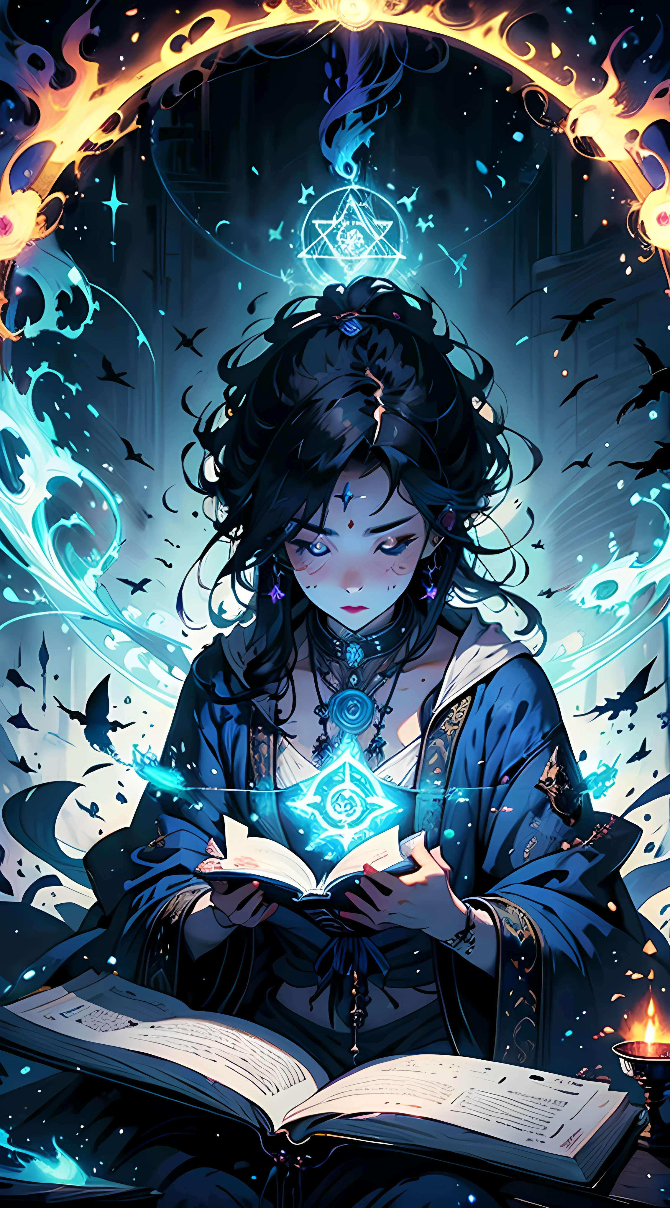 ((illustration)),colorful,wallpaper,energy,Unknown terror,arcane,Around the magic,magic surrounds,magic rod,book,pages flying all over the sky,Know it all,Predicting the Future,Know the past,Infinite wisdom,blue flame,Warlock,Magical Circle,Pentagram,incantation,mantra,Singing magic, bikini,