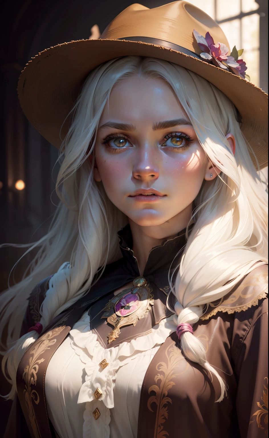 Hyperrealist portrait of female by david hockney and alphonse mucha,fantasy art, photo realistic, dynamic lighting, artstation, poster, volumetric lighting, very detailed faces, 4 k, award winning,, 1girl, in the dark, deep shadow, low key,cowboy shot,(official clothing:1.4) ,long hair,white hair,
