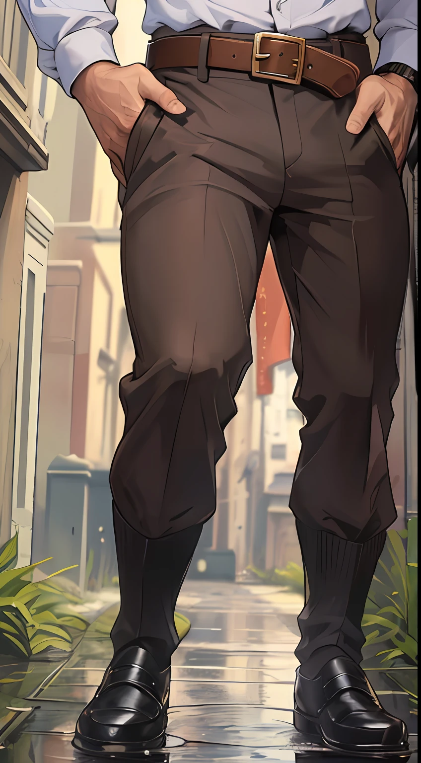 A3R1, Hector Fido looked at the upper body,Pants view,legs standing together,A3R1,pissing,Pee yourself,His own urine ran down his leg,perfect male figure, Aerith Gainsborough ,Put your hands in your pockets,Pee from his legs,blue colored eyes,Surrounded by other people, Stand in a very busy medieval castle,and the sun was shining brightly,Wear a tie,wearing leather belt,Long Sleeve White Shirt,Dye short hair,Wrist watch,Black suit trousers,dress shoes,Nervously bow your head,irate,embarressed,Defeat,is shocked,panicking,worry,exteriors,On dry ground, A small puddle of his own urine formed around his feet,Very eager to pee,Wet yourself,Urine discharge,high detal,hentail realism,ultra-realistic realism,three sided view, A masterpiece of careful planning,A high resolution, hyper HD ,anatomy correct,super detailing,best qualtiy,A high resolution,8K