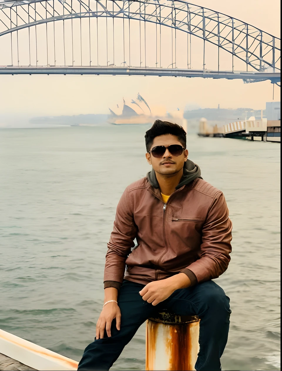 arafed man sitting on a post in front of a bridge, realistic face, hero style, inspired by Kailash Chandra Meher, profile pic, portait photo profile picture, professional profile picture, facebook post, photo taken in 2 0 2 0, profile picture 1024px, very artistic pose, profile image, stylish pose, headshot profile picture, jayison devadas, cyberpunk. City action background,