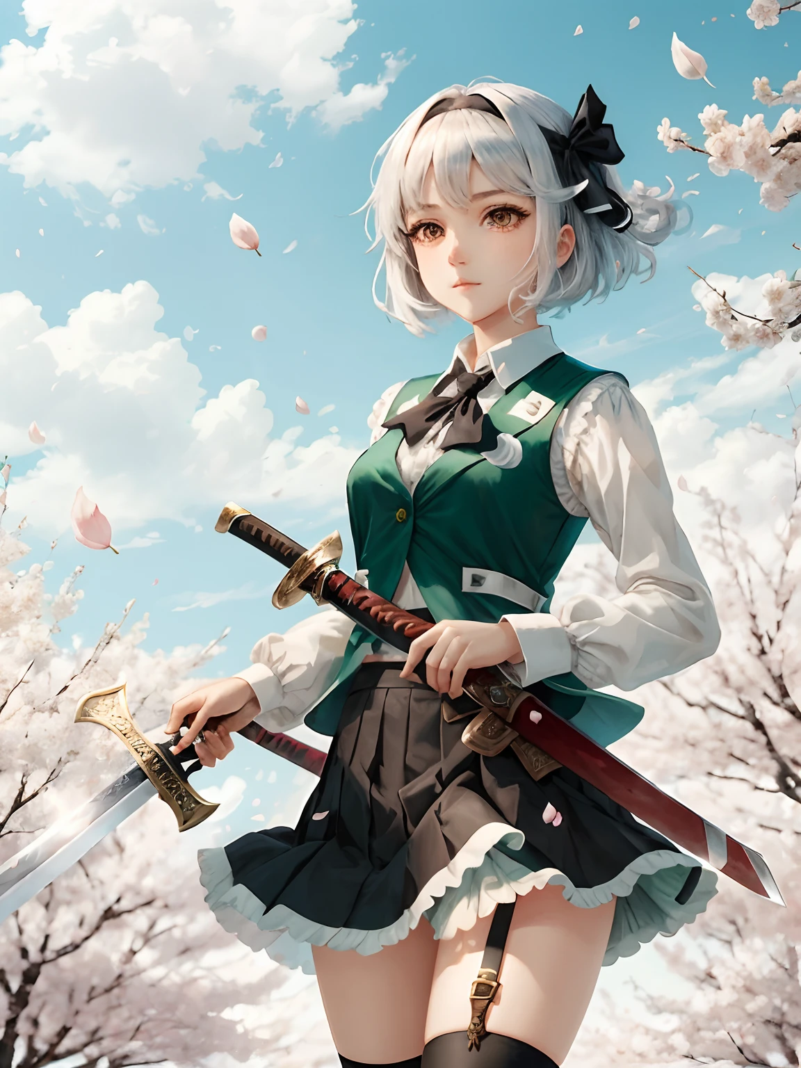 Masterpiece, Best quality, Best 8K wallpapers,petals, Konpaku_Youmu, sword, vest, arma, 1girll,Flat chest,short_Hair, Konpaku_Youmu_\(ghost\), Green_vest, katana swords, Holding, Rose_petals, Silver_Hair, hitodama, Skirt, black_ribbon, shairband, ribbon, black_shairband, Green_Skirt, Holding_sword, scabbard, Long_Sleeves, Solo, shirt, cherry_blossoms, Hair_ribbon, Skirt_Set, Falling_petals, Holding_arma, sword sheath, bangs, dual_wielding