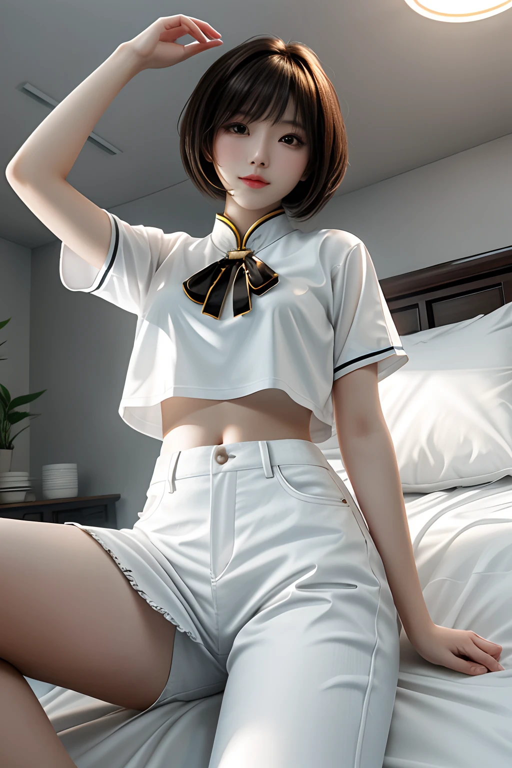 tmasterpiece， Best quality at best， 1girll， from below， underbust， mediuml breasts， short white pants， Crop tops， brunette color hair， 黑The eye，Chinese woman，Bottom-up perspective，near bed，rays of sunshine，Housewear