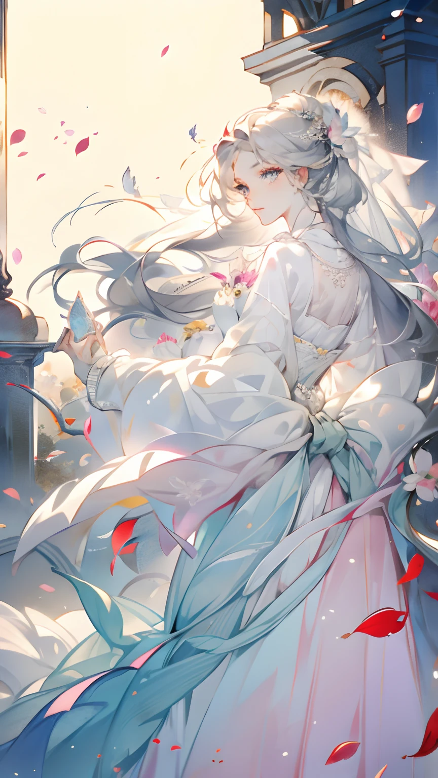 (Best picture quality,tmasterpiece,aquarelle,Splash ink), Wedding dresses, ray of lights, lens flare glow, petals, Long coated cat, ancientry