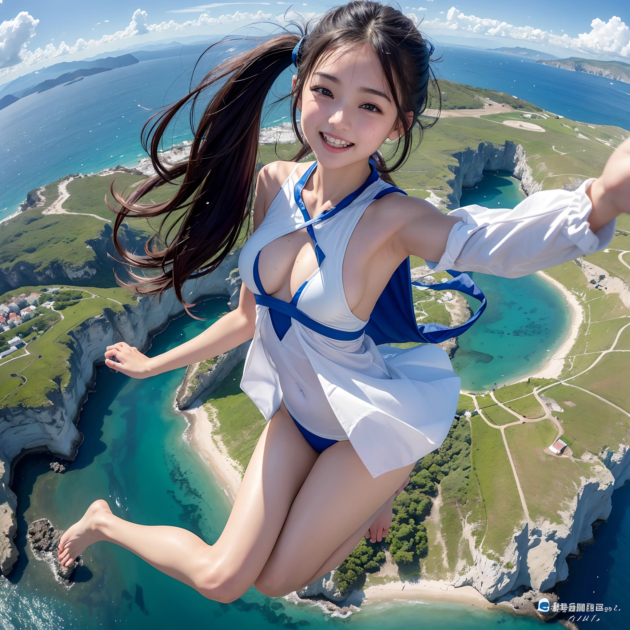 (8K、32K、Raw photography、top-quality、​masterpiece:1.2)、ultra-lightweighthigh-resolution、high detail photo、（Girls Skydiving）、(School swim wear)、Close up of a very cute girl、(fish-eye lens)、(Photorealsitic:1.2)、(1girl in、独奏)、poneyTail、Laughing white teeth、（Greece、Visible Aegean Sea、Shot of a girl from the sky）、Like the movie Superman、（Flying Superwoman Recreation）、（300 or moreｍflying girl）、（White costume）、（Blue sea below、Beautiful view of the white roof）