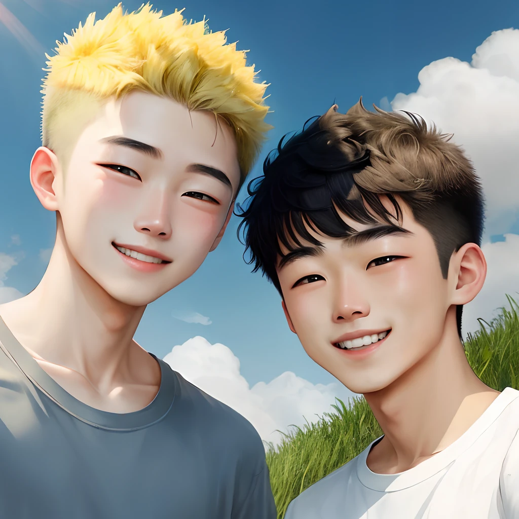 grassy fields，rays of sunshine，with blue sky and white clouds，Libido boy，ssmile，pure，ren，18yr old，love，largeeyes，二重まぶた，relaxed，brush cut，short detailed hair，chance meeting